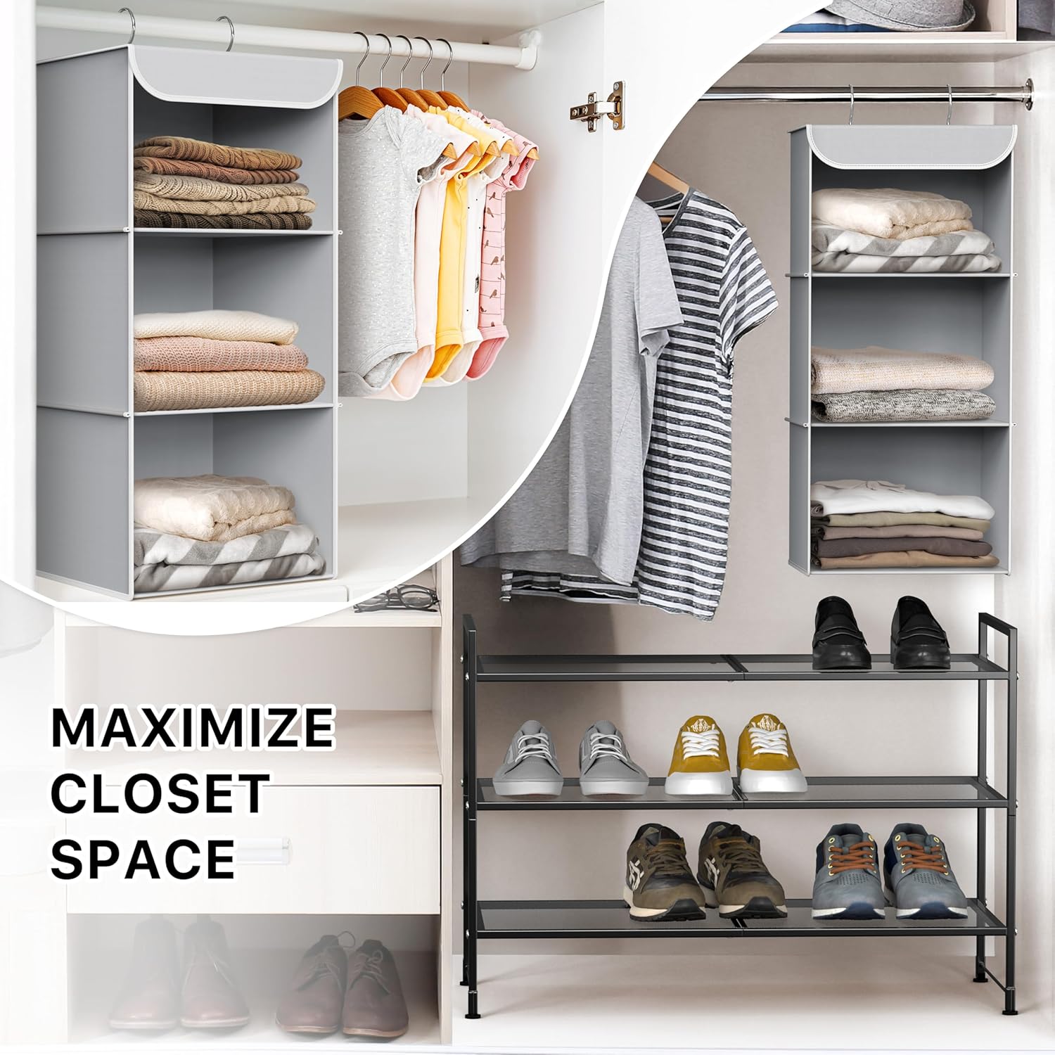 Simple Houseware 3-Shelf Hanging Closet Organizer, Fabric Storage Shelves with 57L Capacity, Gray