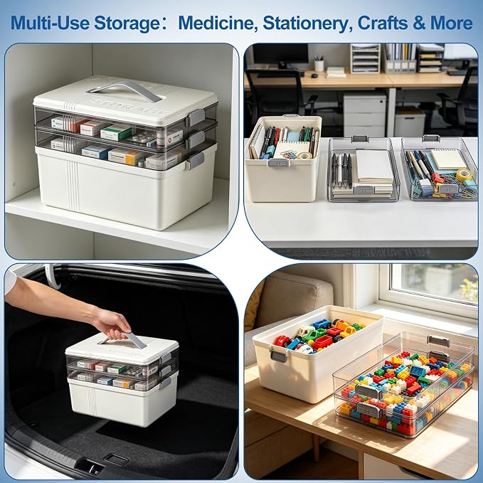 Caja organizadora de medicamentos de 3 niveles, con estuche para pastillas de 7 días | Gran capacidad, bandeja transparente desmontable, asa de cuero, caja con cierre, para estante de baño y organizador de agujas e hilos miniatura 7