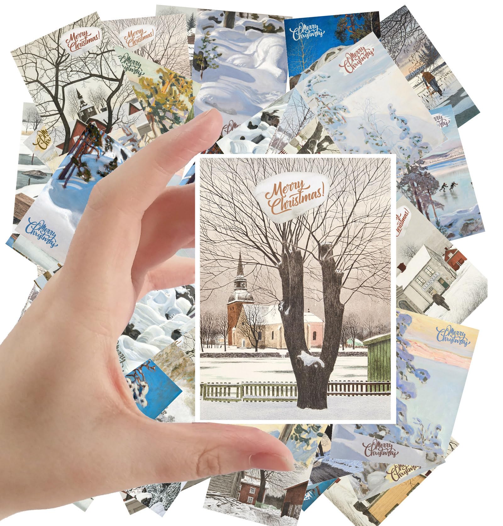 Autocollants paysages enneigés rétro de Noël pack de 24 stickers format 6,3 x 8,9 cm