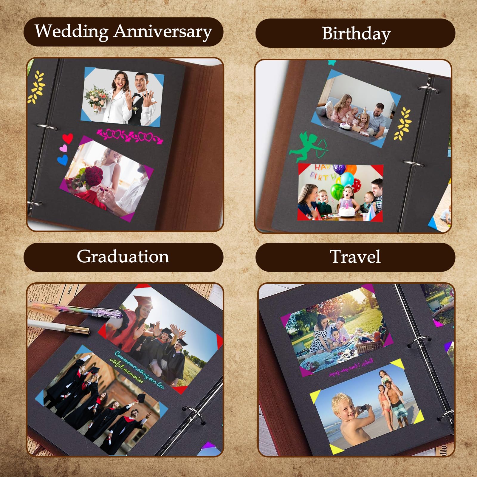 Album Fotografico Scrapbooking Vintage In Pelle Verde, 60 Pagine Nere, Fai Da Te, Con Accessori Per Decorare, Regalo Anniversario - 4