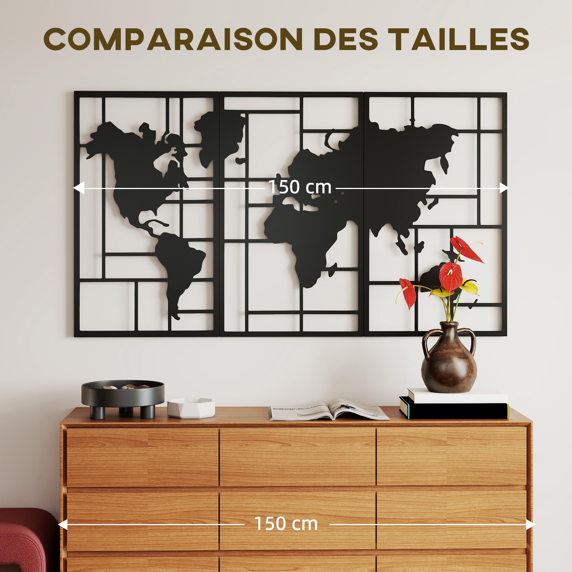 HOMCOM Lot de 3 Décorations Murales en Métal Moderne, 50 x 80 cm, Noir