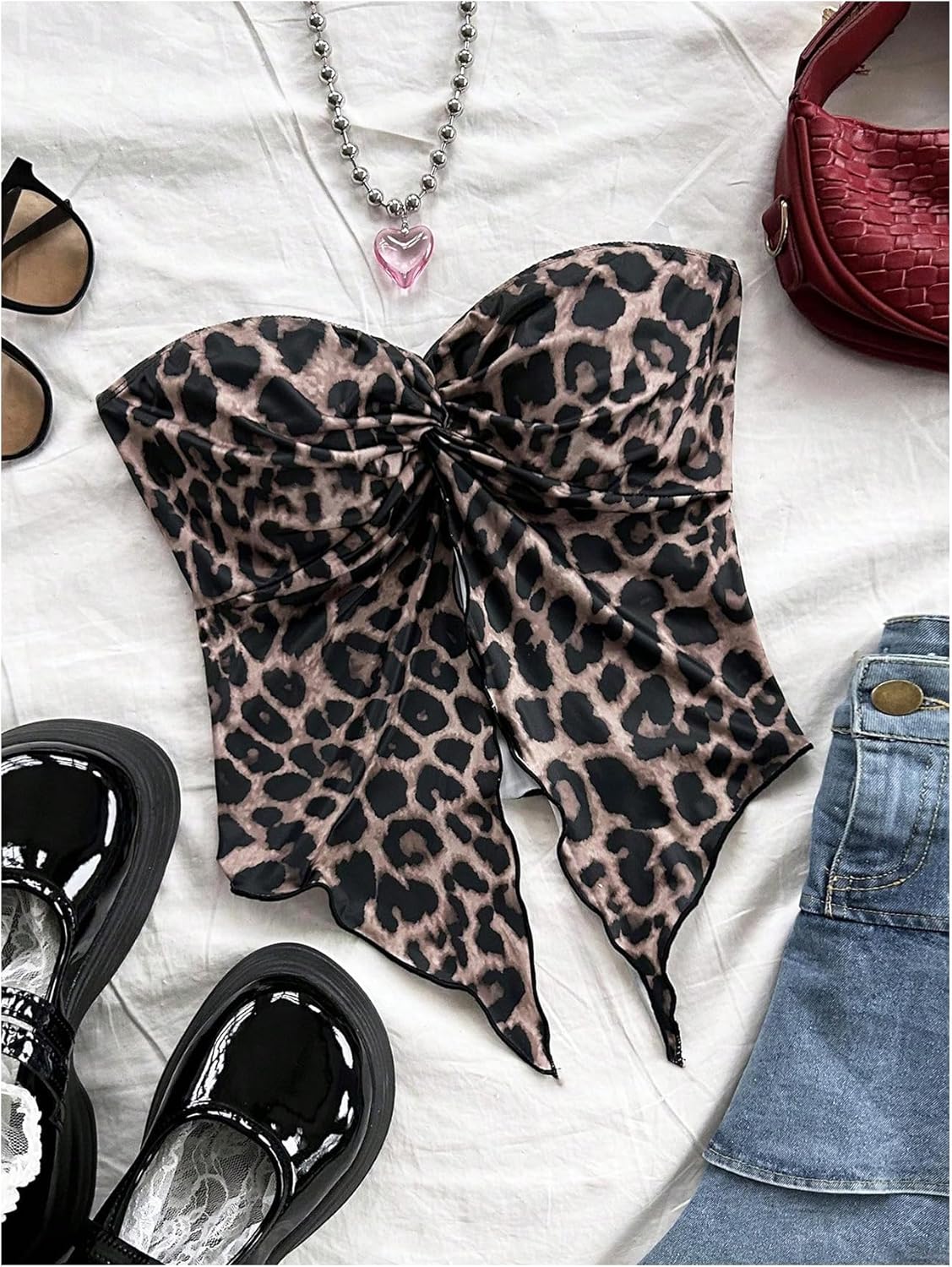 SHENHE Women's Y2k Sexy Twist Open Front Leopard Tube Strapless Split Bandeau Crop Top - Image 2