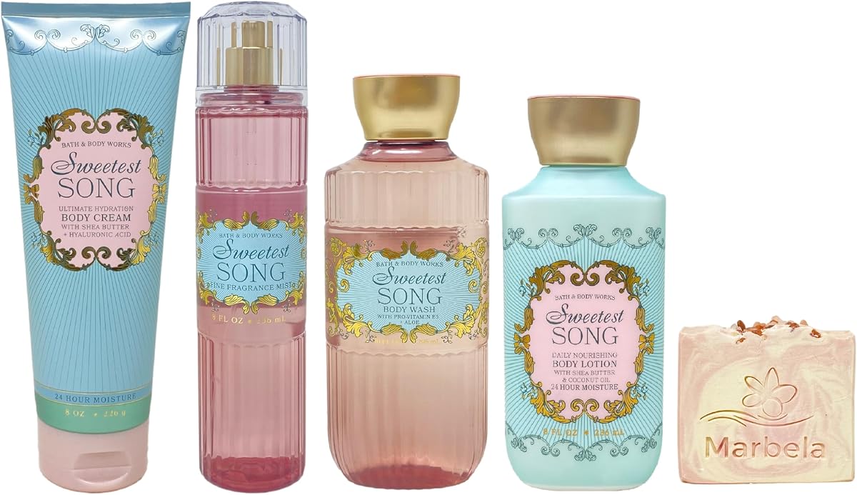 Set de regalo de lujo Bath & Body Works Sweetest Song: crema corporal, niebla aromática, gel de baño y loción corporal, con jabón en barra de manantiales de sales del Himalaya