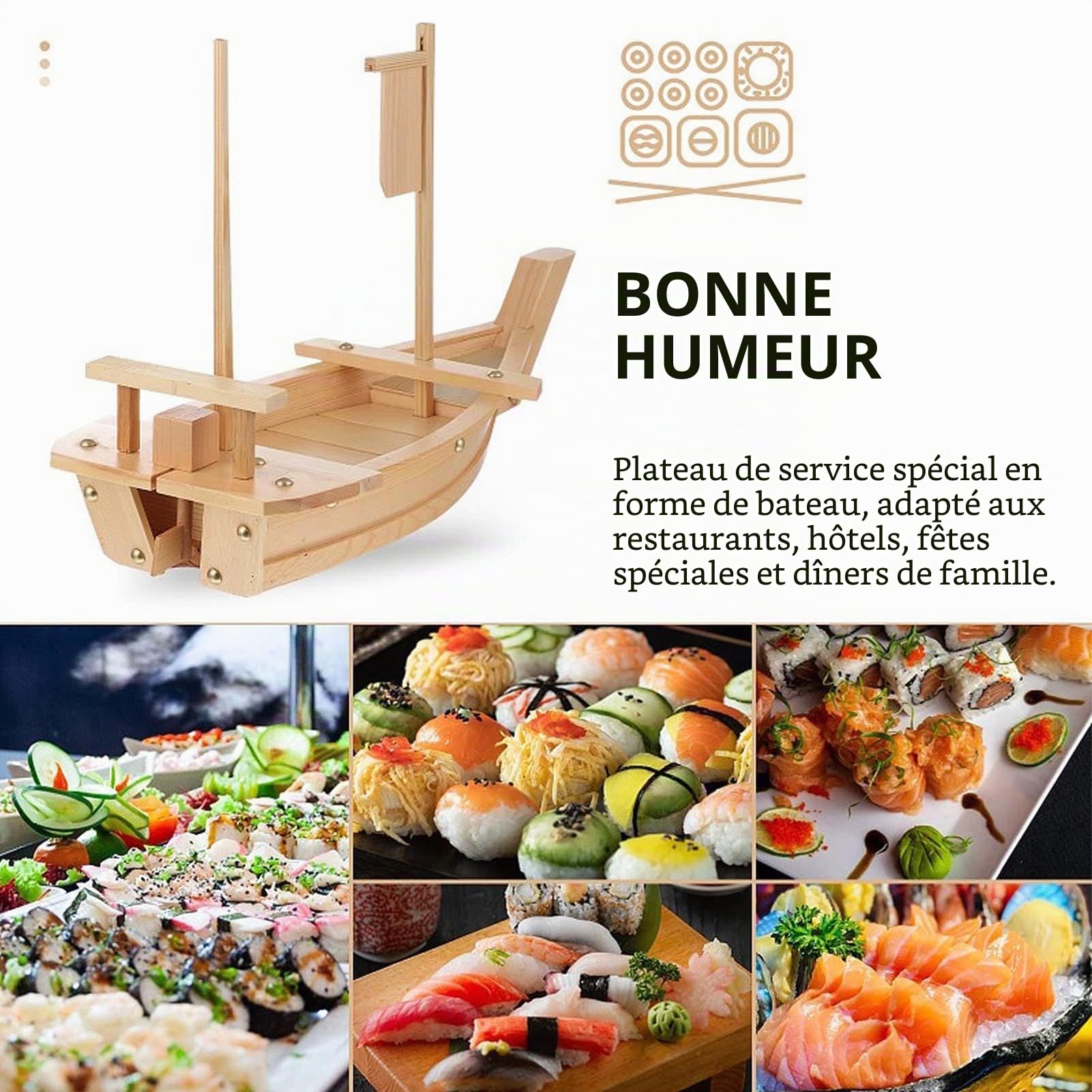 Bateau à Sushi Japonais en Bambou, Plateau De Service, Assiette à Sushi Sashimi, en Forme De Bateau, RéCipient à Saumon Et Fruits Mer, pour Restaurant/Assiette Maison