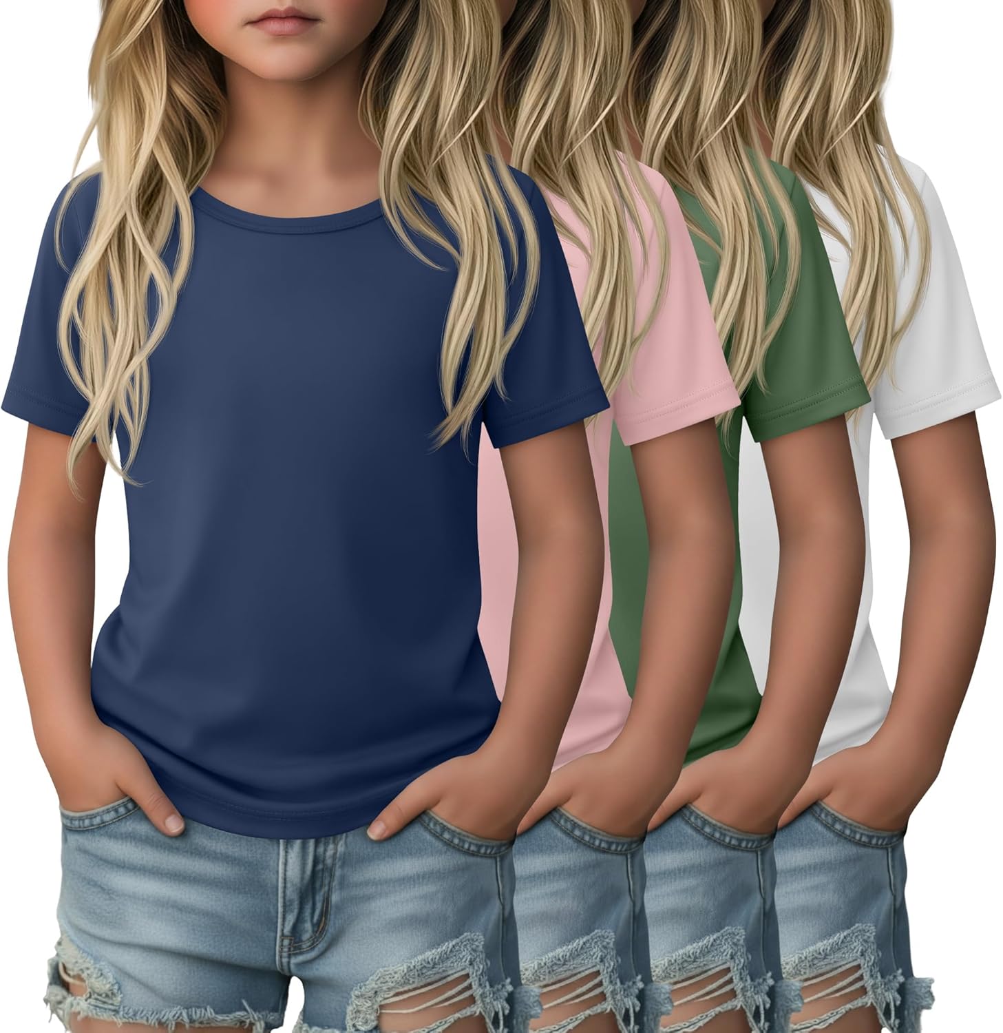 4 Pack Girls Shirts Short Sleeve Tshirts Summer Scoop Neck Basic Tops Soft Crewneck Kids Solid Color Tees 5-14 Years
