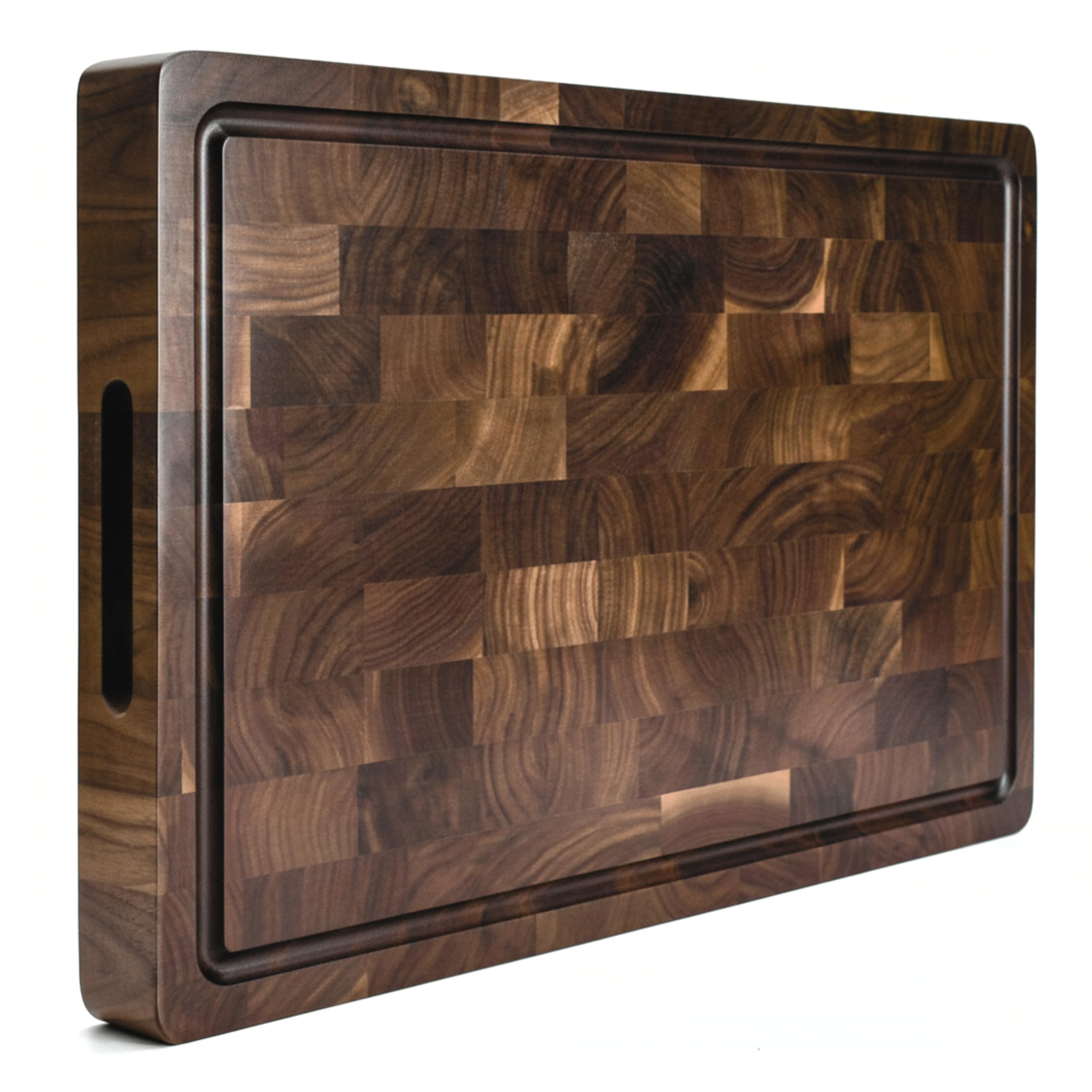 Tagliere di lusso in legno di punta massiccia in noce nero nordamericano – extra spesso e durevole – 45 × 30 × 4 cm – Rigola per succhi e manici – piedini antiscivolo – confezione regalo