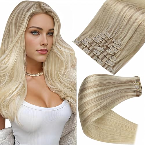 Full Shine Blonde Clip in Hair Extensions Balayage Blonde Ash Blonde Mix Platinum Blonde Human Hair Clip in Extensions 18 Inch White Clip in Hair Extensions Hair Extensions Invisible 8 Pcs 120 Grams