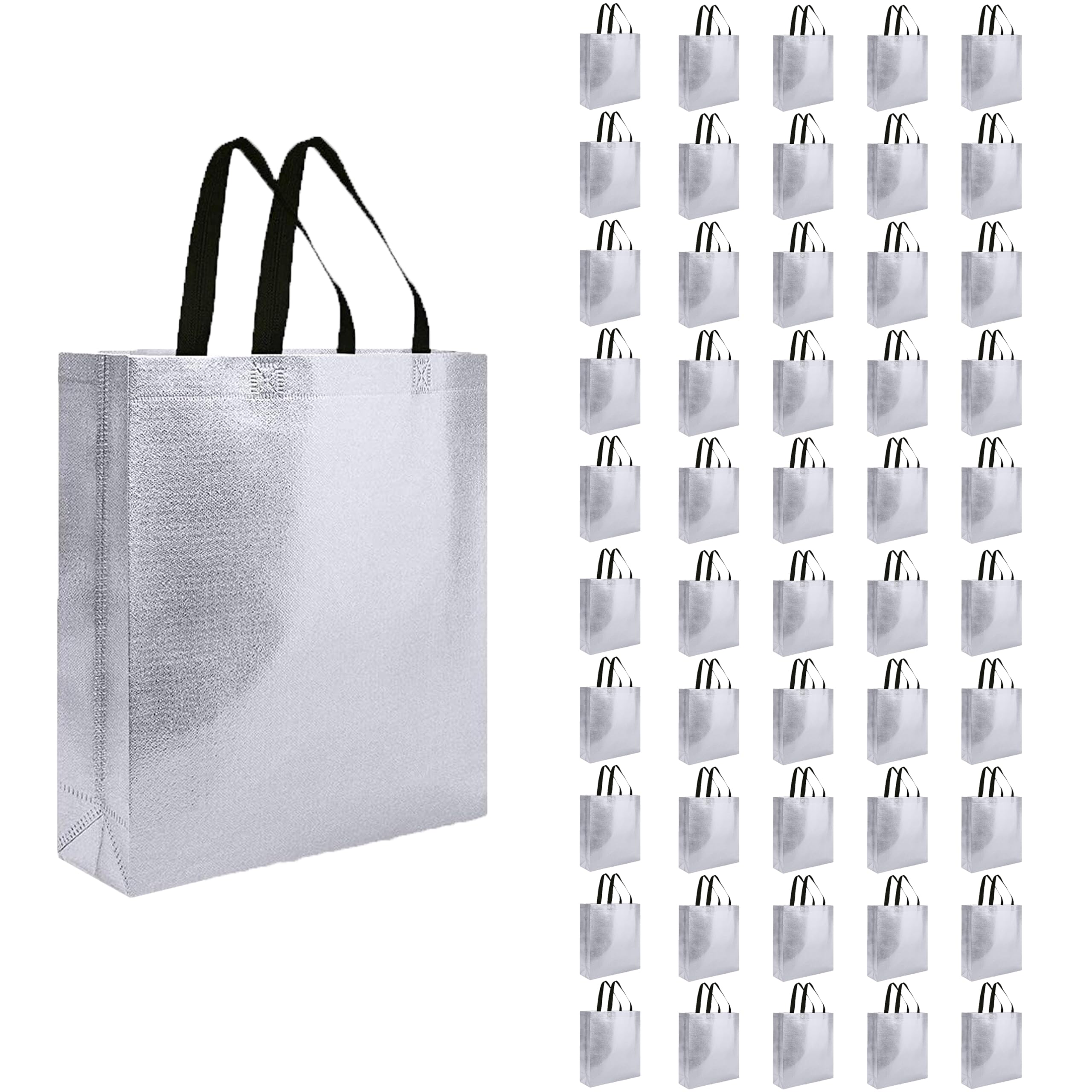 Evafly Gift Bag Medium Size Pack of 50 : L13 x W12 x D4 inch|Resuable Non-Woven Shiny Metallic Laminated|Return Gift For Haldi/Wedding Favours/Baby Shower/Birthday - Silver