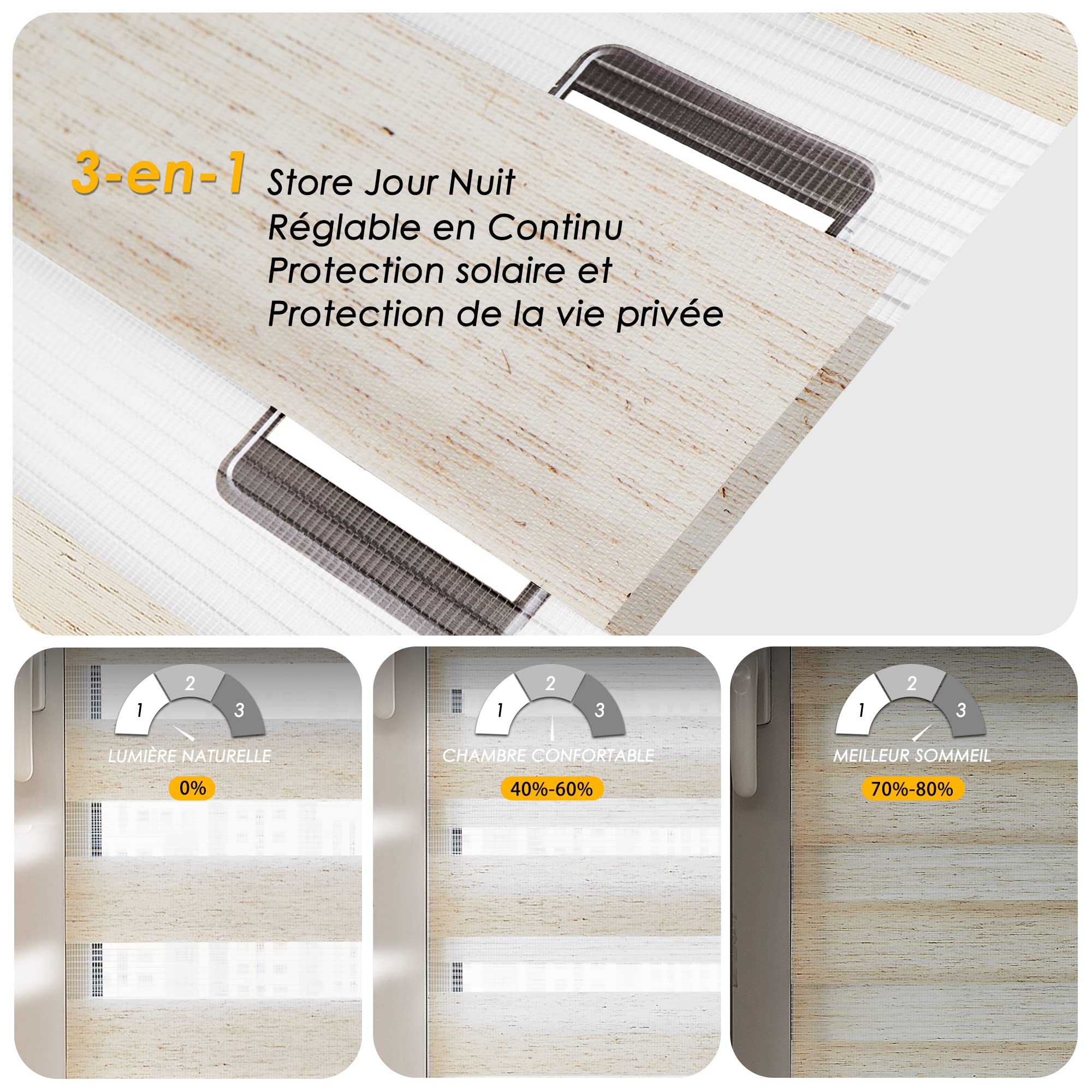 smartdemo Store Enrouleur Jour Nuit sans perçage, Facile à Montage, Double Tissu, Protection de Privée pour Fenêtre ou Porte,(Largeur du Tissu 50 cm), Lin,50l x 140L cm - 3