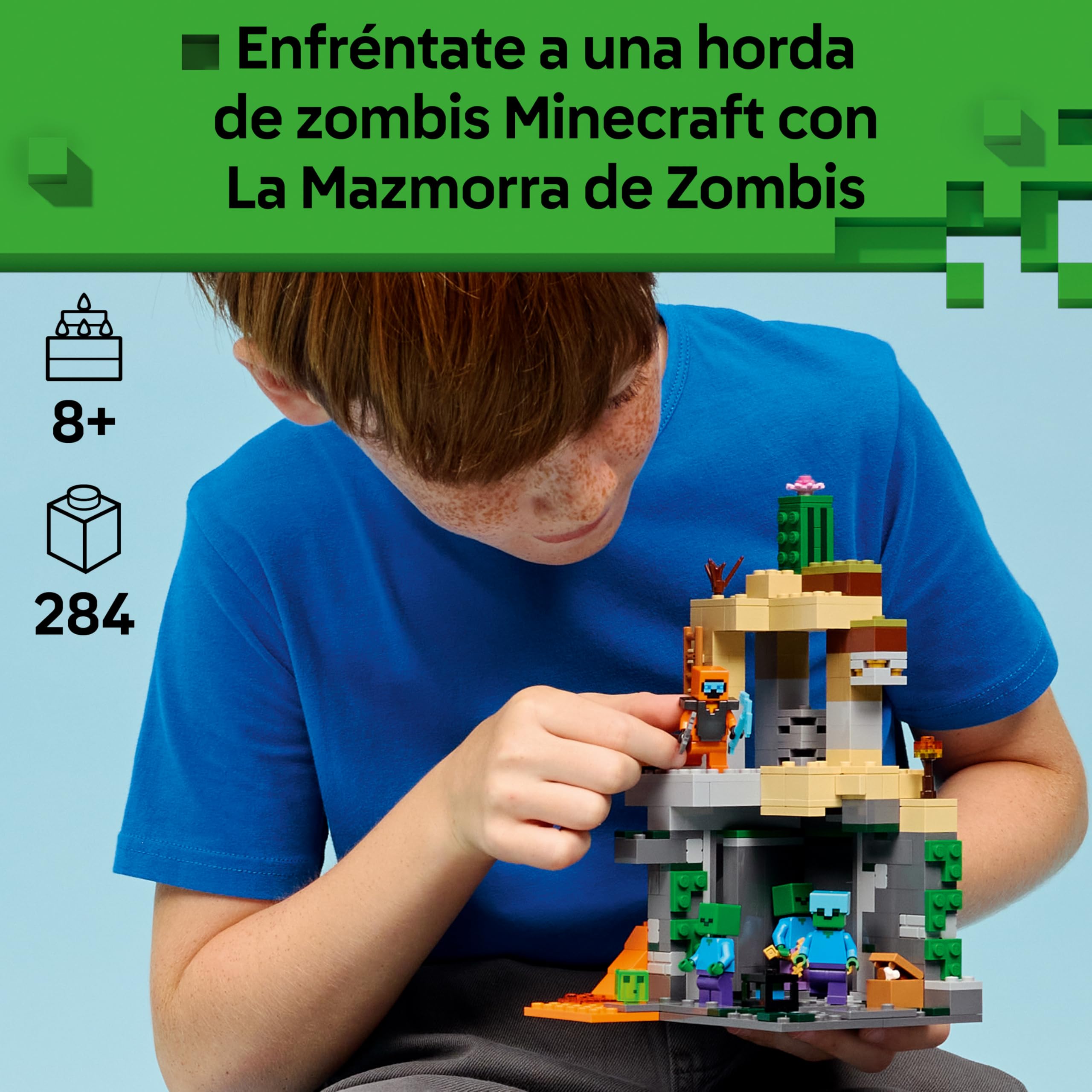 LEGO Minecraft La Mazmorra de Zombis - Juguete Interactivo con Minifigura de Errante, 3 Figuras de Zombis, Limo y Mesa de Trabajo - Regalo Gamer para Niños y Niñas de 8+ Años – 21587