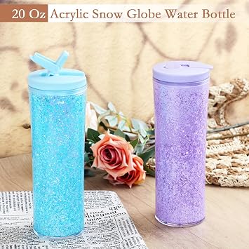 6 Pack 20 Oz Acrylic Snow Globe Tumbler, Duoble Wall Plastic Snowglobe Water Bottle with Pre-Drilled Hole, Leak-Proof Snow Globe Cup for Glitter, Mixed Color