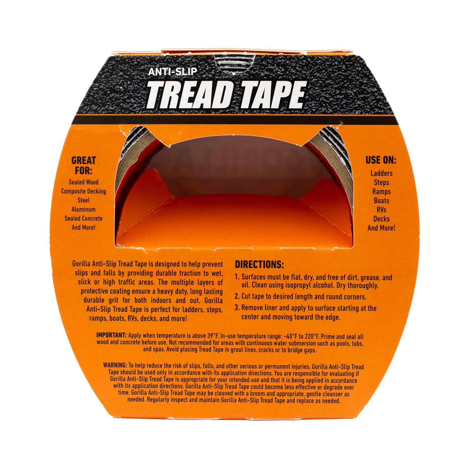 Gorilla Anti-Slip Tread Tape, 2" x 10' Roll, Black, (Pack of 4)