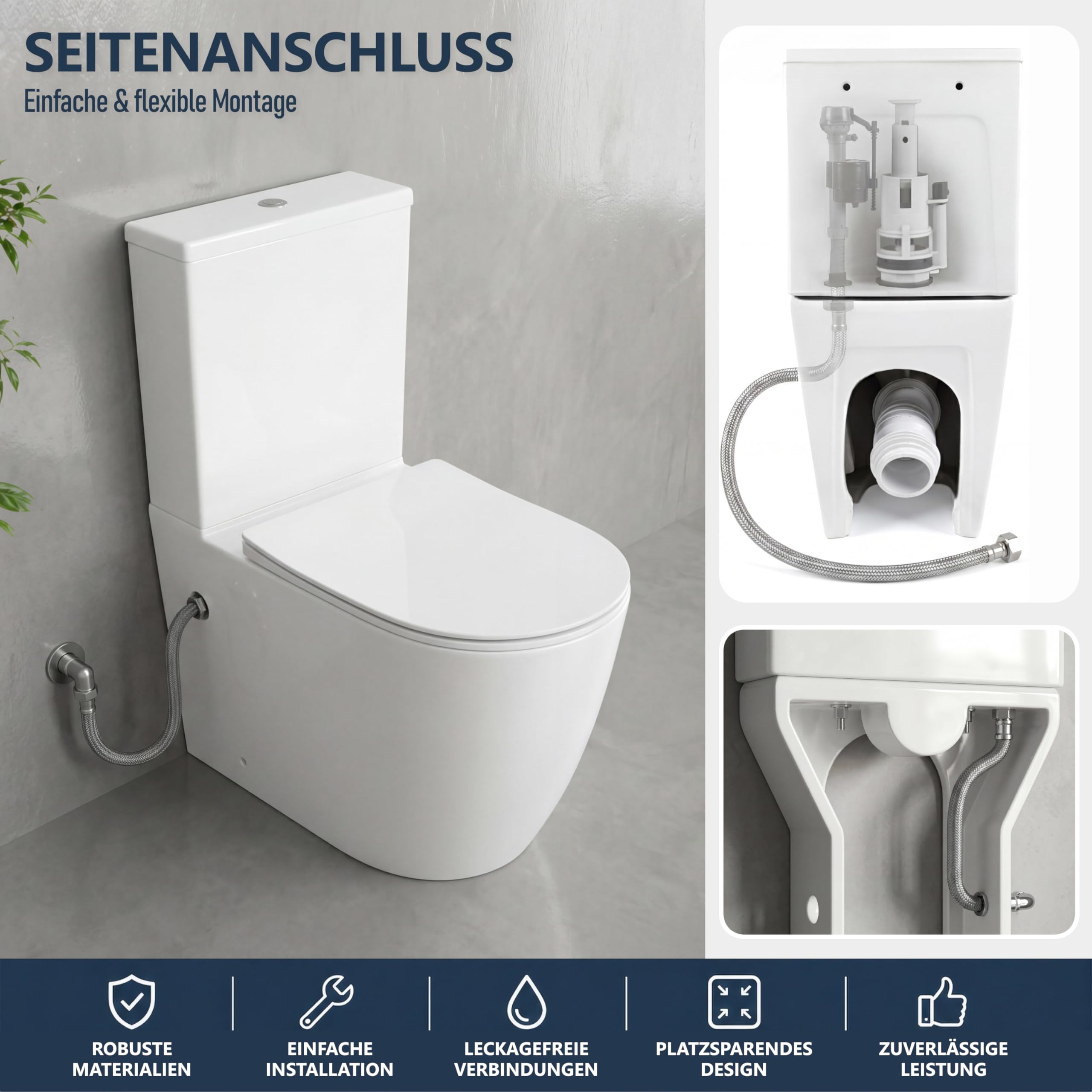 LAVITA WC monoblocco con cassetta di scarico integrata RUNSON WHITE | Set completo | Coperchio WC con chiusura ammortizzata | WC in ceramica senza brida | Vaso WC | Sistema di scarico TORNADO