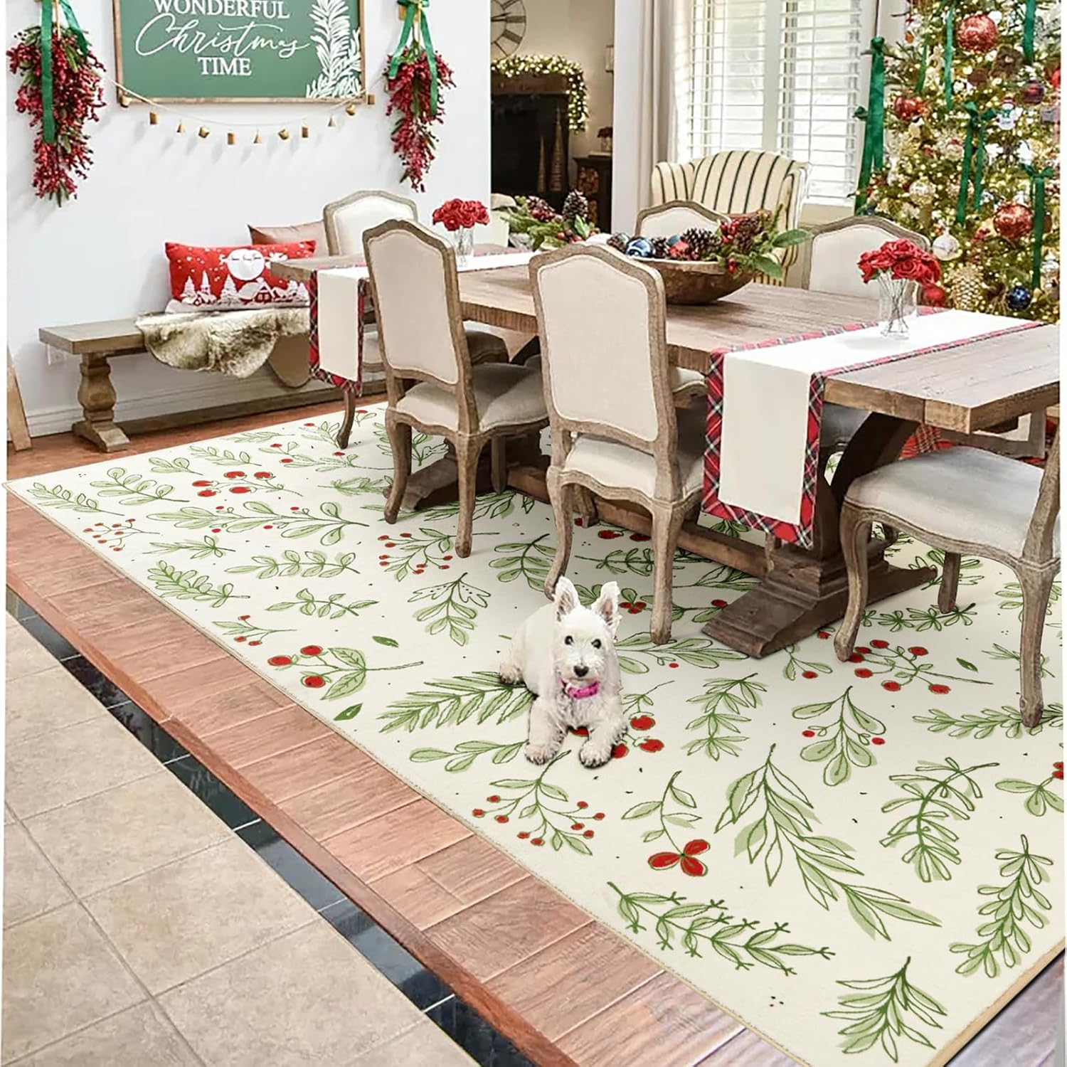 cute christmas area rugs 5x7 washable - ultra thin soft xmas tree berries holly branches festive winter rug, modern floral woodland christmas carpet for kitchen bedroom living room entryway fire place 5x7 beige