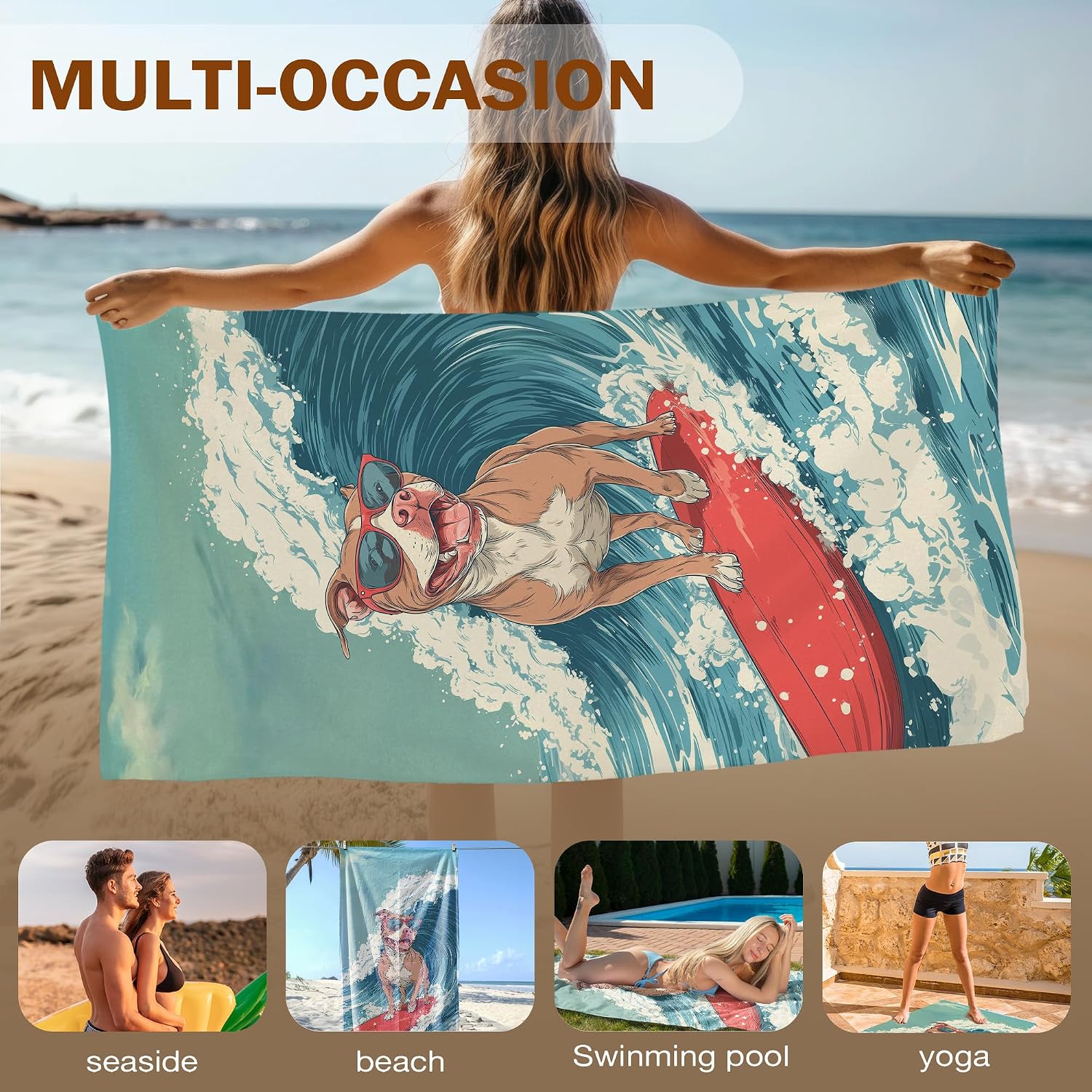 Funny Pit Bull Gifts Beach Towel, Coastal Dogs Pool Towels, Surfing Pit Bull Dog Large Beach Bath Travel Towels for Kids Girls Boys, Funny Surfer Pitbull Dog Bathroom Accessories Decor, 30x60in image 5