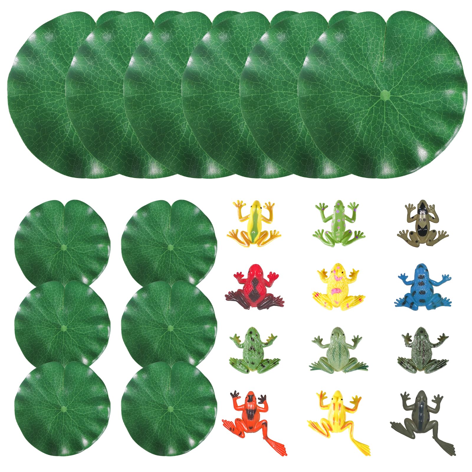 orwayhu 24Pcs Lily Pads and Plastic Frogs Set, 12pcs Frog Toys and 12pcs Artificial Floating Lotus Leaves for Pond Aquarium, Artificial Pond Plants Decorations