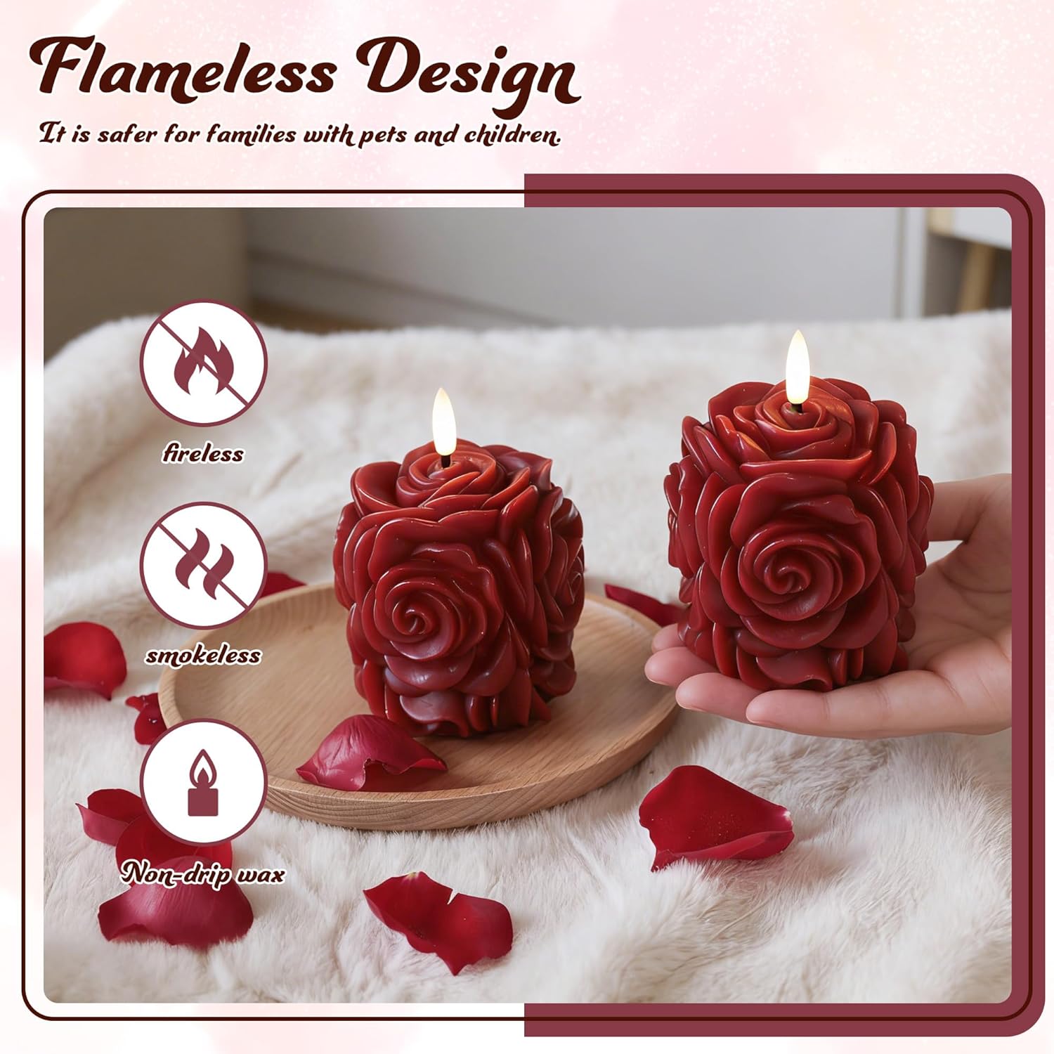 JOIONE Red Rose Shaped Flameless Candles, Mothers Day Gifts for Mom, 2 Pack Battery Operated Decorative LED Candles with Remote for Bedroom, Tabletop and Home Décor