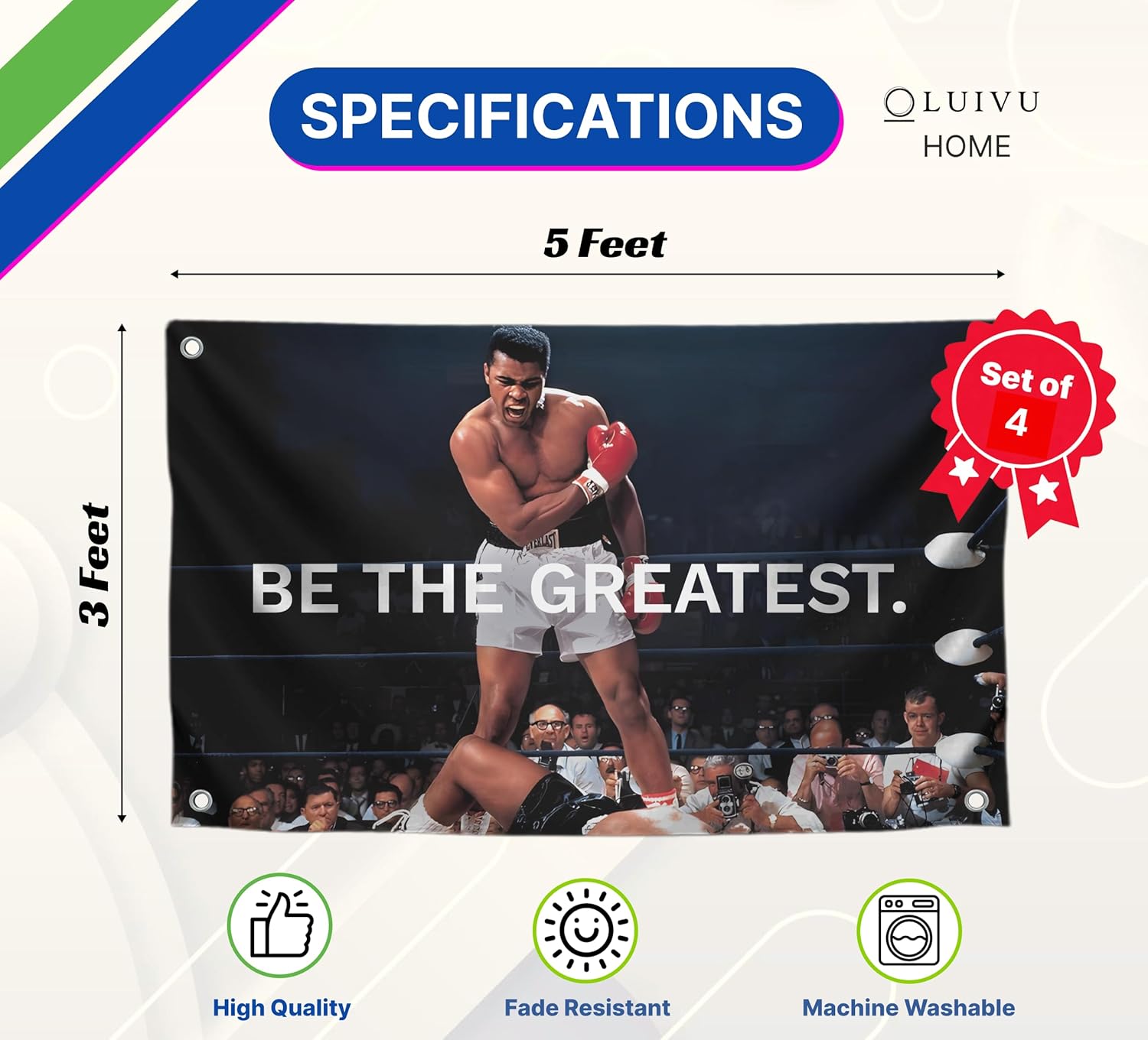 Set of 4 Motivational Quote Polyester Flags 3x5 Feet with Four Brass Grommets - Quoted Tweet Flag Feet Winning Is The Only Option - Ronnie Lightweight Flag - Be the Greatest Flags Kobe Basketball - Image 2