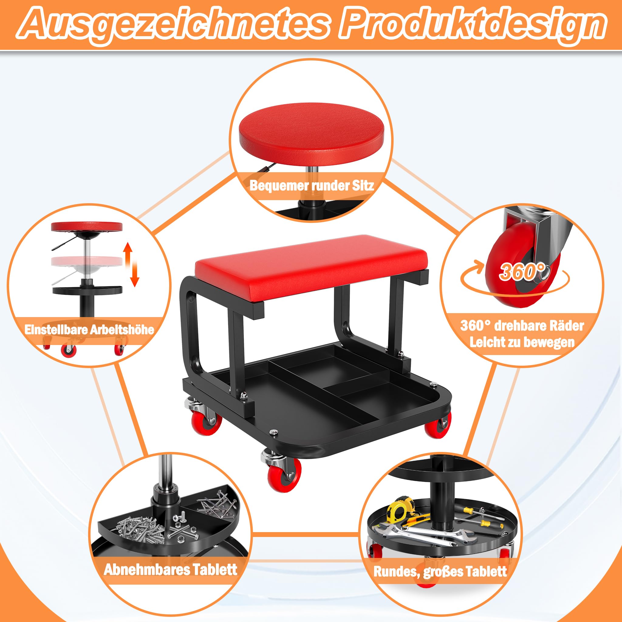 AufuN Siedzisko warsztatowe na kółkach, 130 kg, taboret warsztatowy, taboret roboczy z półką na narzędzia, mobilne regały narzędziowe, siedzisko z taboretem na kółkach i półką na narzędzia, taboret