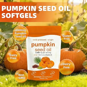 Pumpkin Seed Oil Capsules - 300 Softgels | 3000mg Per Serving, Cold Pressed Virgin Pumpkin Oil, Rich in Omega 6, Omega 9, Supports Hair Growth, Skin Health, Prostate & Bladder Function | Vegan,Non-GMO