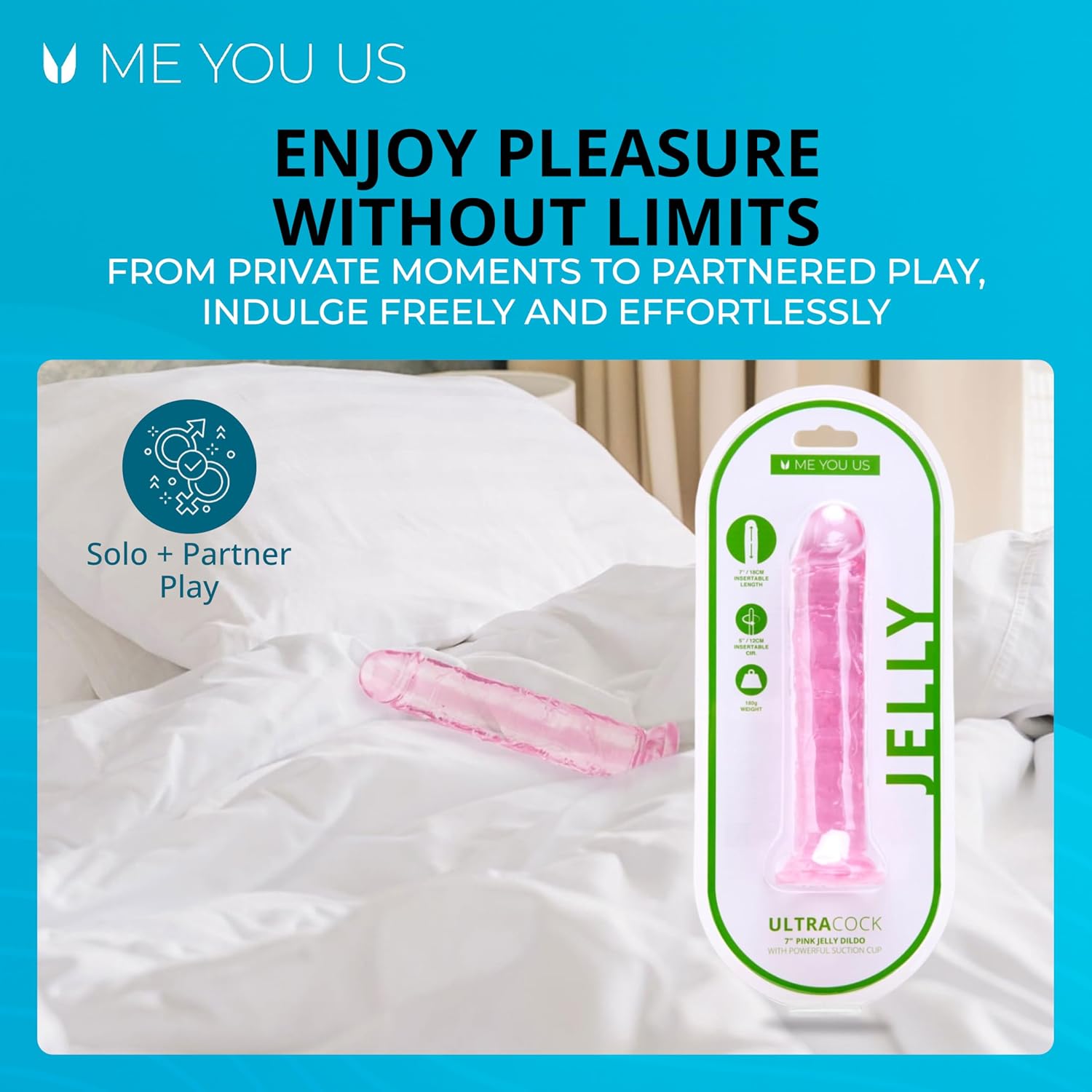 Me You Us Ultra Cock Jelly Dong Pink 7 Inch – Realistic Flexible Dildo with Ridges, Soft Jelly Feel, Flared Base, Harness Compatible Anal Safe Penetration Toy for Solo or Couples Play