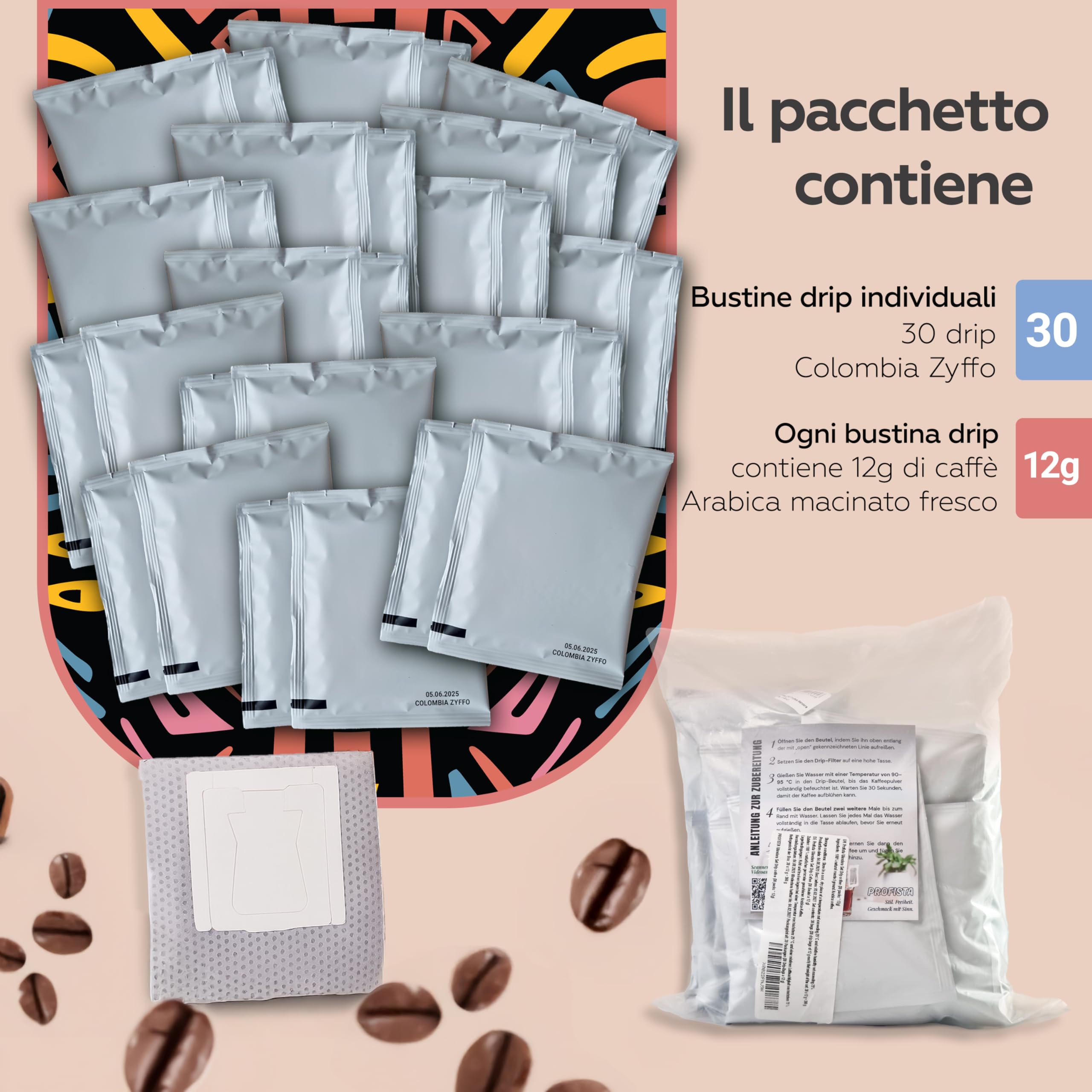 PROFISTA Drip Coffee (Colombia Zyffo Set), Bustine Caffè in Infusione - da Portare con Sé, per la Festa del Papà - Set per il Campeggio, 100% Arabica Macinato, 30 x 12 g (Colombia)