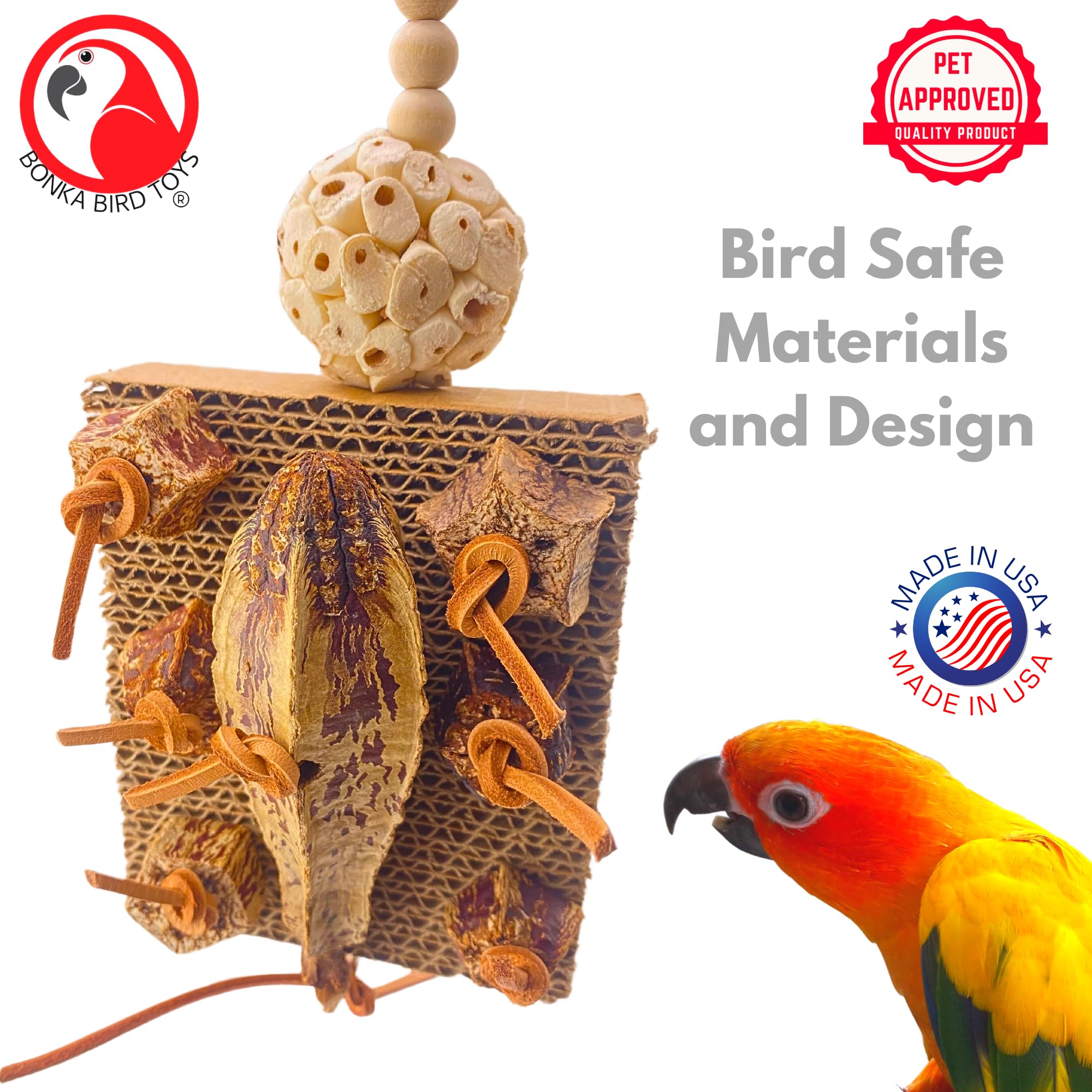 Bonka Bird Toys 1427 Mahogany Forage Block - 12" x 4" x 2" Durable Foraging & Chew Toy for Small to Medium Birds, Includes Sola Ball, Wooden Beads, Soft Leather Strands, Mahogany Chunks & Pods - image 5