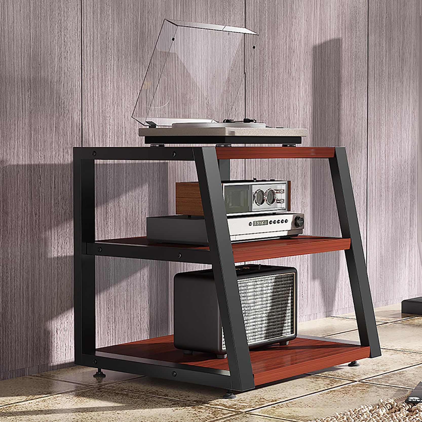 Mobile Ste Rac, MaTower, Rack AV a 2/3/4 Ripiani, Rack per Videogiochi, Porta Dvd, Porta TV, con ripiano angolare, Adatto per Soggiorno, Studio di Registrazione (Teak, 60x52x60cm)