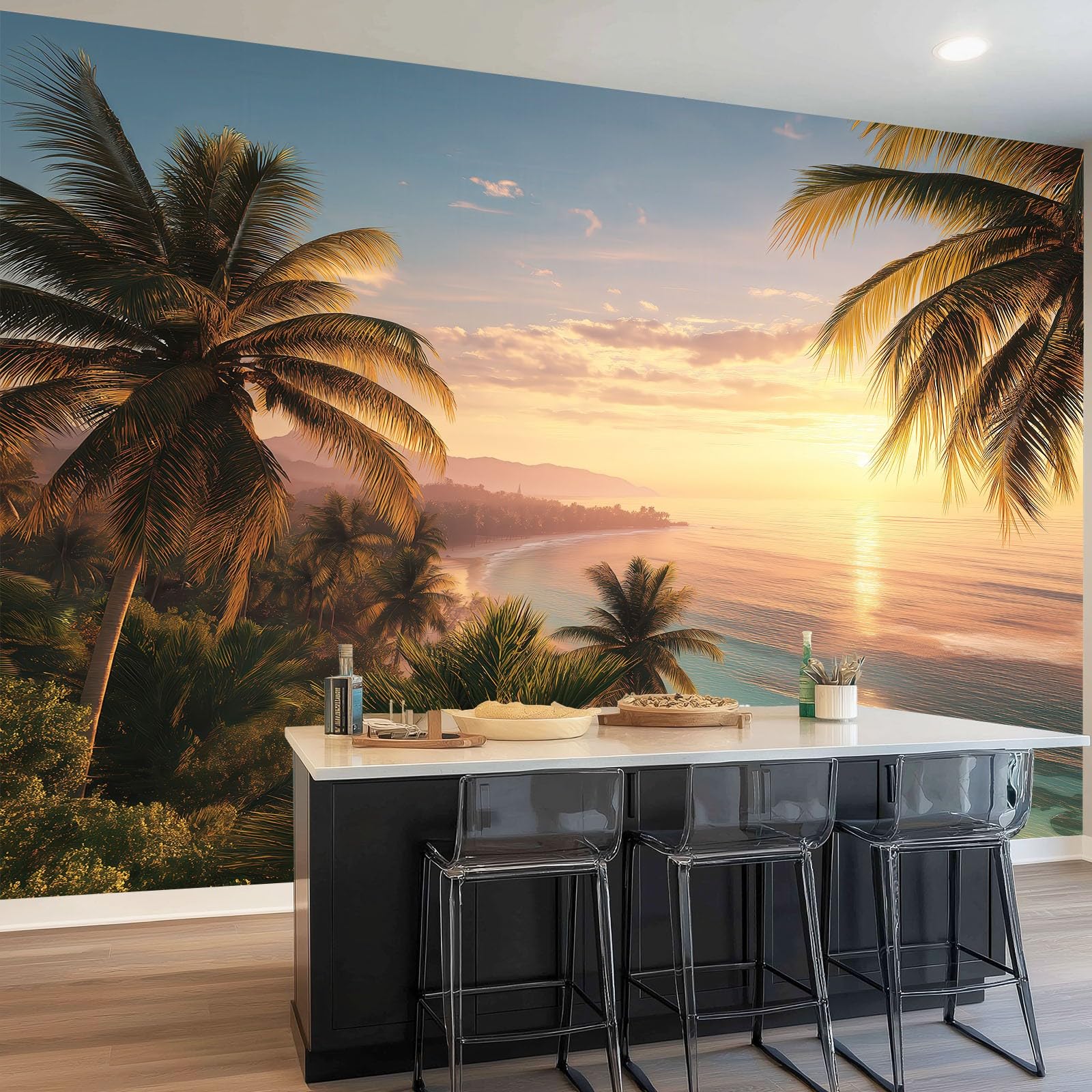 Fototapeta Tropikalna Fototapeta Żółty Plakat Plaża Zachód Słońca Fotografia Do Sypialni Salonu Tv Ściana 300 x 210 cm