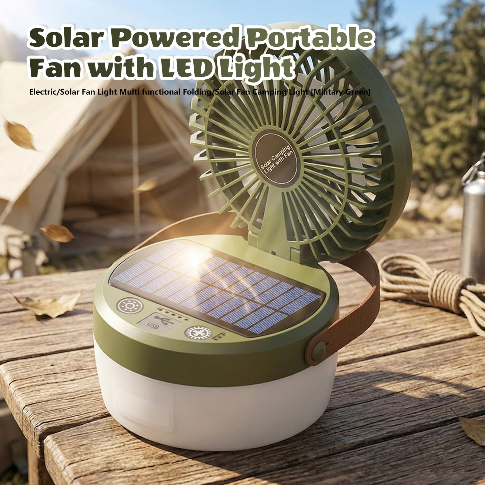 Ventilateur de Camping avec Lumière, Ventilateur Solaire et Portable, Lampe de Camping Solaire Avec ventilateur, 4 Modes d'éclairage, 3 Vitesses, Pour Camping, Aventure, Pêche, équipement d'urgence