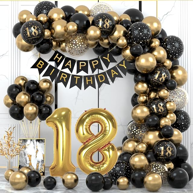 18th Birthday Decorations for Boys Girls, Black Gold 18th Birthday Balloons Party Decorations with 18th Happy Birthday Banner, Happy Birthday Garland Balloons Black Gold Decor for 18th Birthday Party