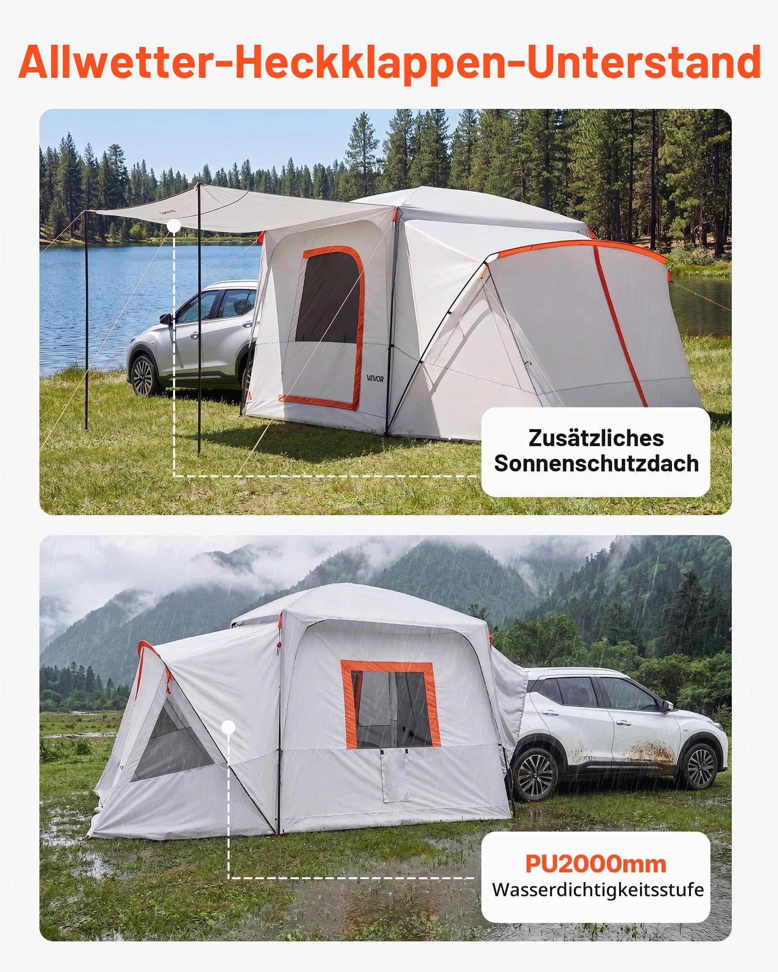 VEVOR Heckklappenzelt Autozelt für 5-9 Personen 3964 x 3050 x 2330 mm, Wasserdichtes (PU2000 mm) Campingzelt mit Belüftungsfenstern, SUV-Heckzelt für Camping Wandern Outdoor-Aktivitäten