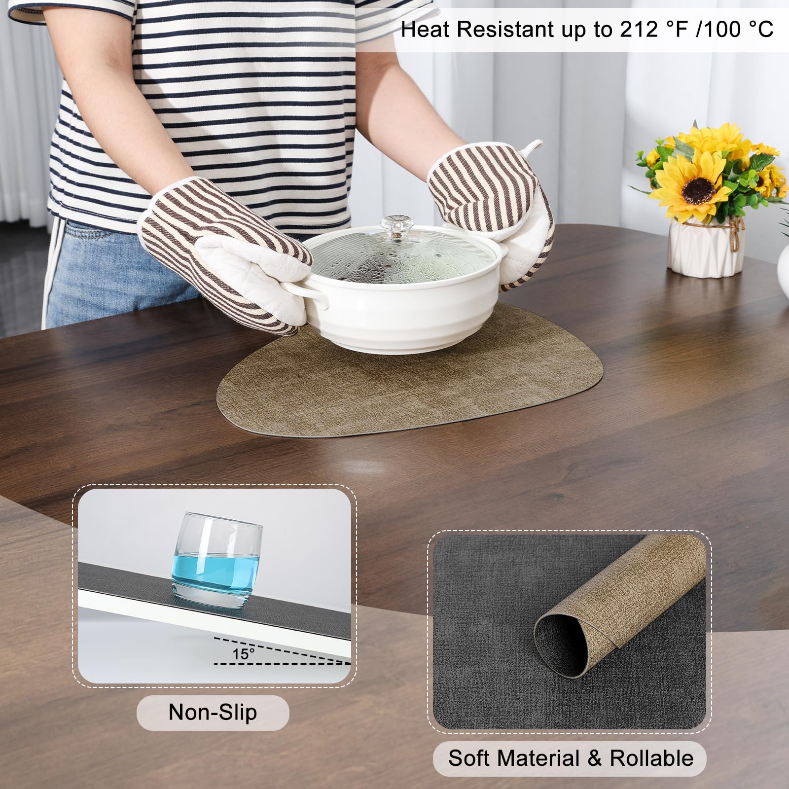 Tovagliette e Sottobicchieri, Tovagliette Americane Lavabili Plastica Bifacciale Non-Scivolose Tovagliette Colazione in Ecopelle Tovaglietta Americana Rotonde (Set di 6, Grigio Beige)