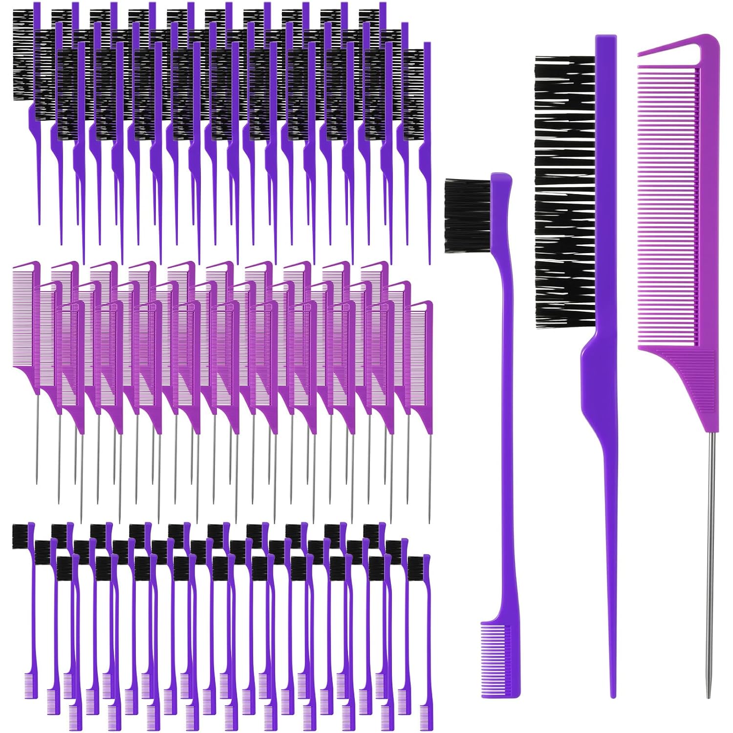 Youyole 90 pcs Hair Styling Set:30 Teasing Brushes, 30 Rat Tail Combs, 30 Edge Brushes for Women, Babies, and Kids(Black)