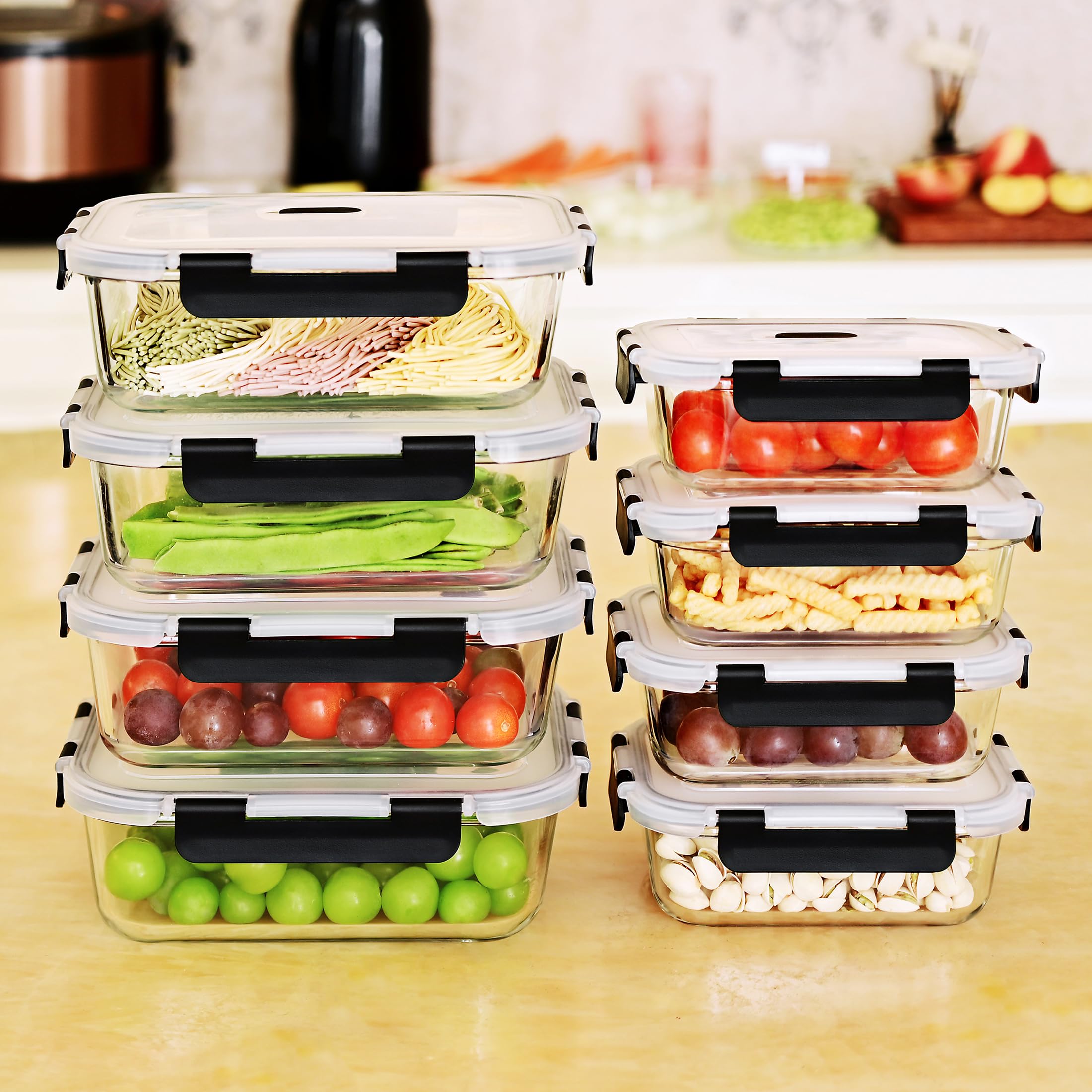 ERUIV Set di contenitori in vetro, contenitori per alimenti per cucina e ristorante con coperchi in plastica di alta qualità, ermetici, a prova di perdite, riutilizzabili, senza BPA (8 contenitori)