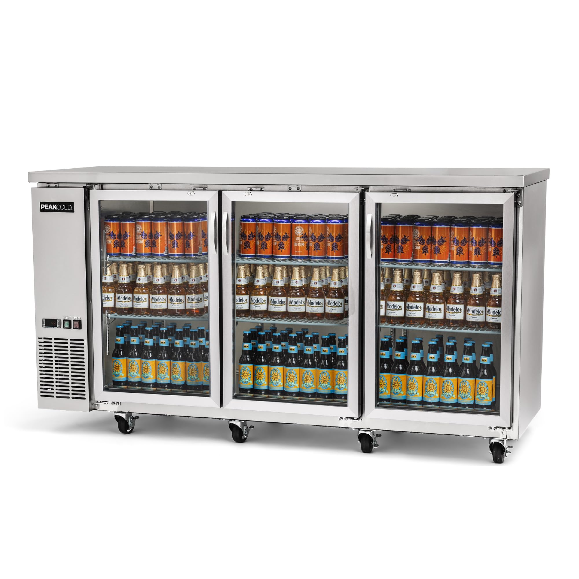 PEAKCOLD 3-Door Counter Height Beverage Refrigerator - 73" Wide Energy Efficient Stainless Steel Beer Fridge With Glass Doors & White LED Lighting - Commercial Back Bar Cooler | Fridge.com