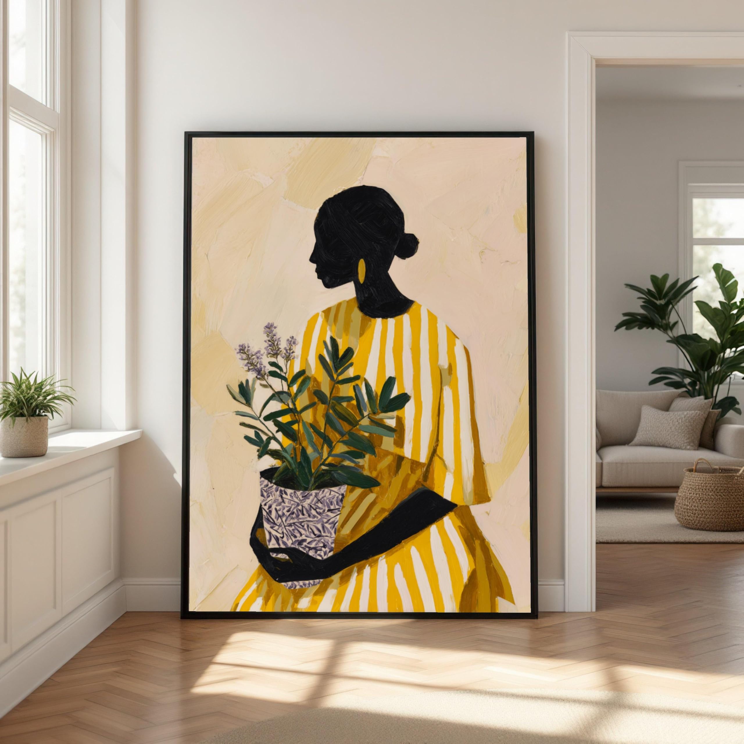 Lmycheng Frameless Silhouette Woman Canvas Print, Yellow Dress Wall Art, Botanical Painting, Contemporary Home Decor Canvas Artwork(70X110cm/Frameless)
