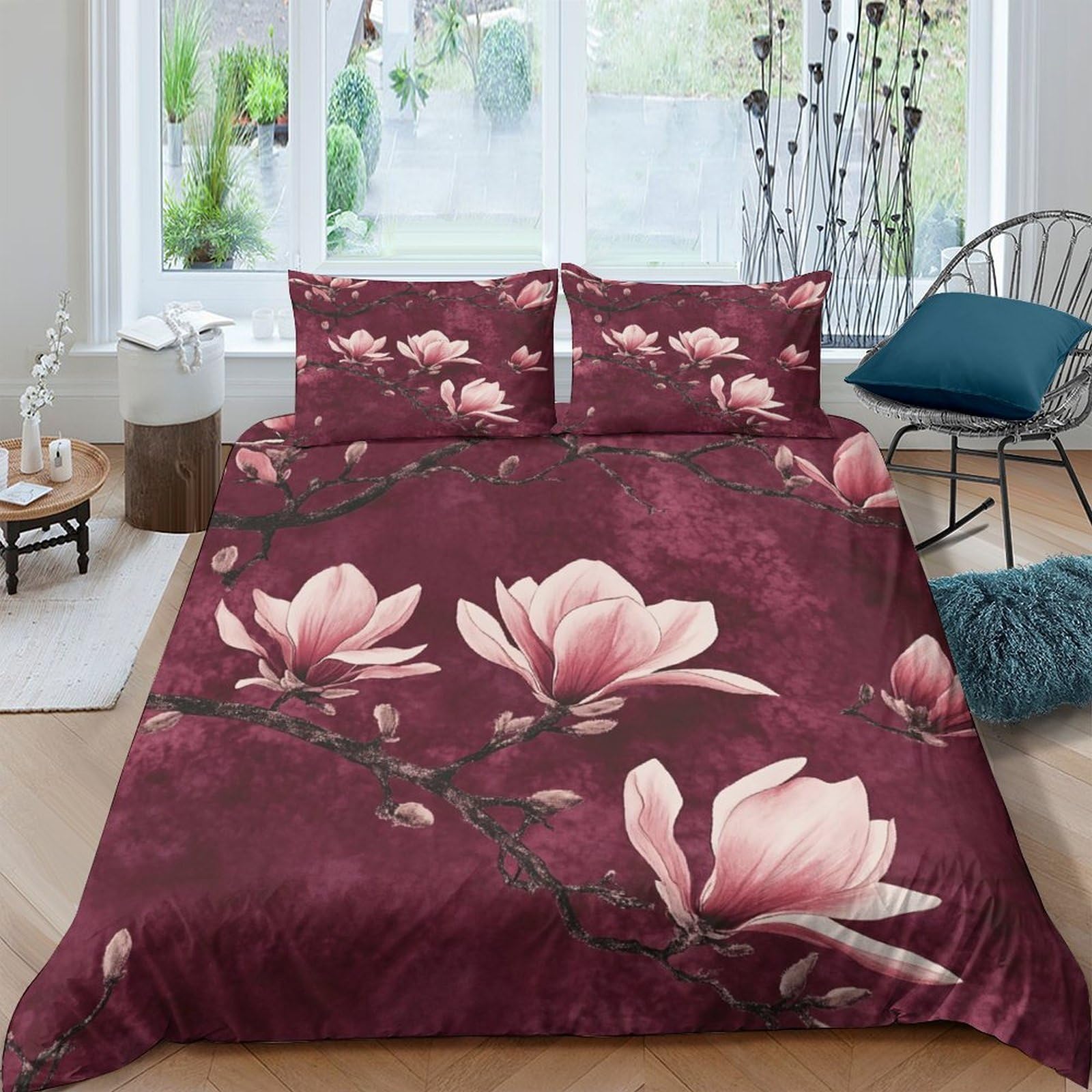 Ctjqhvkz Style-1 3D Printed Magnolia Floral Fitted Sheet Microfiber Soft Burgundy Blossom Bed Cover Non-Slip Machine Washable For Bedroom Home Decor Single（135X200cm）
