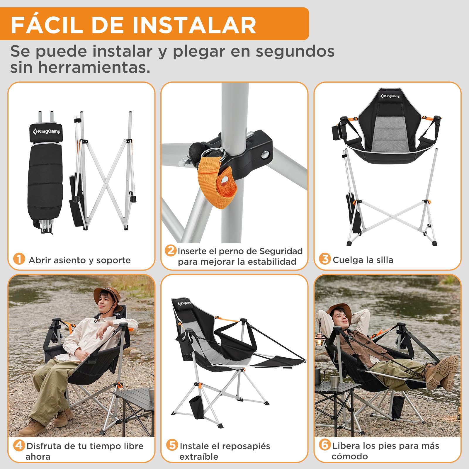 KingCamp Silla Mecedora de Camping con Reposapiés Plegable Negra | Respaldo Reclinable 90-130°, Balanceo Suave, Hasta 180 kg, Reposacabezas, Aluminio, Portavasos para Camping y Jardín