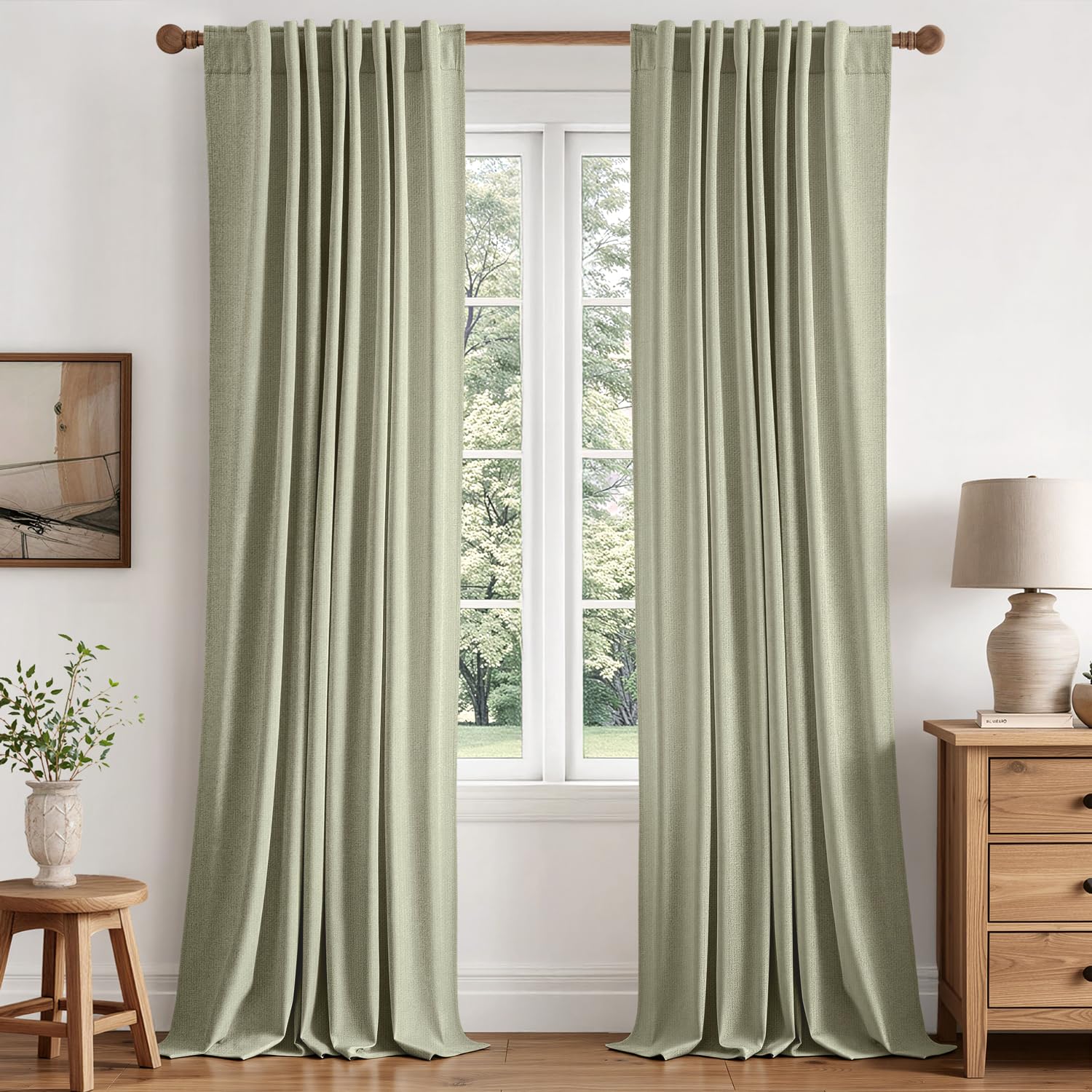 miulee 100% blackout linen curtains for bedroom 96 inches long, thermal insulated room darkening black out drapes for living room, back tab rod pocket, 2 panels set, 40 wide x 96 length, sage green
