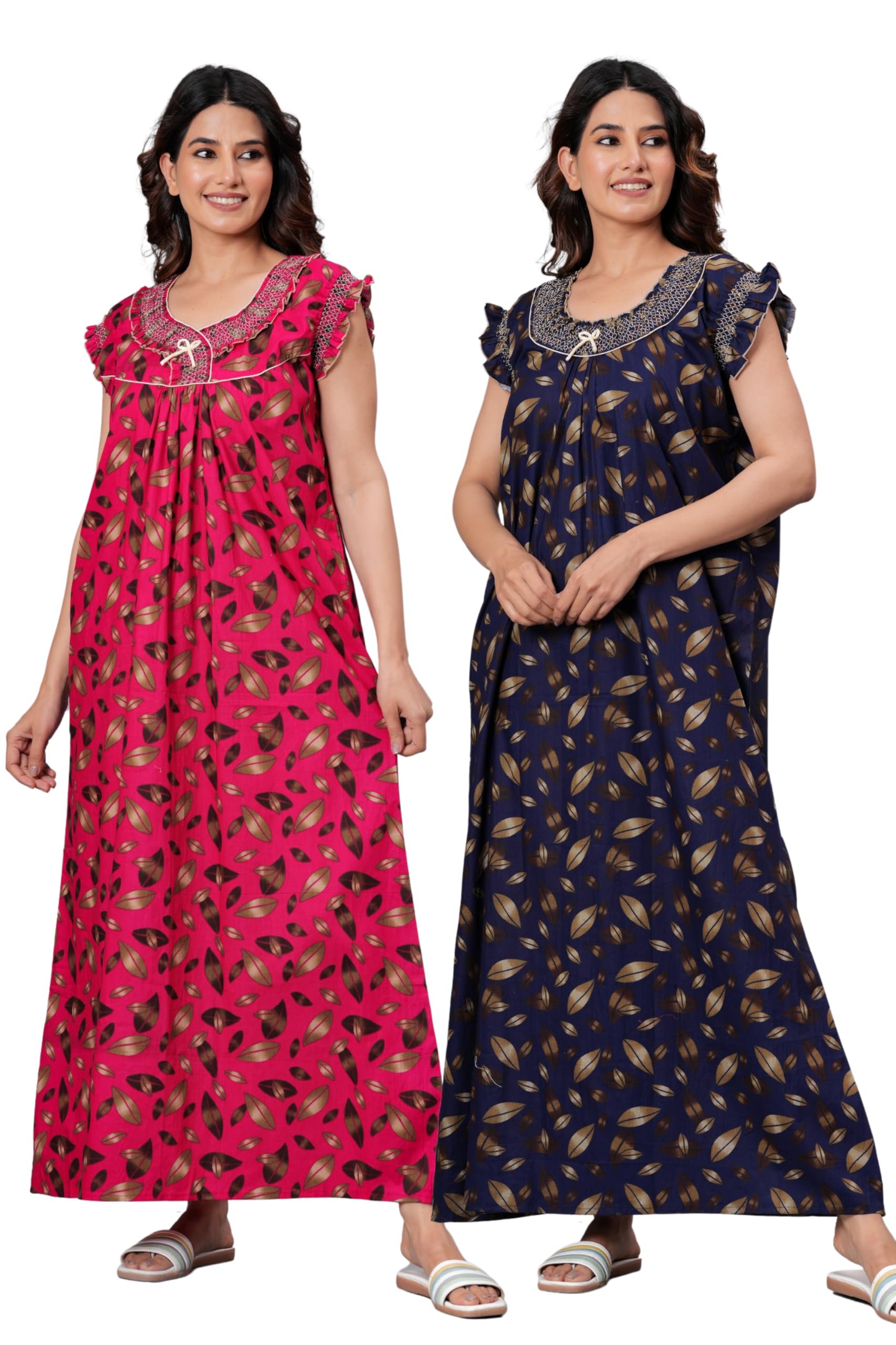 HARGUN Cotton Nightgown, Floral Print, Short Flutter Sleeves, Navy Blue and Gold, Full Length with Pockets-image-24