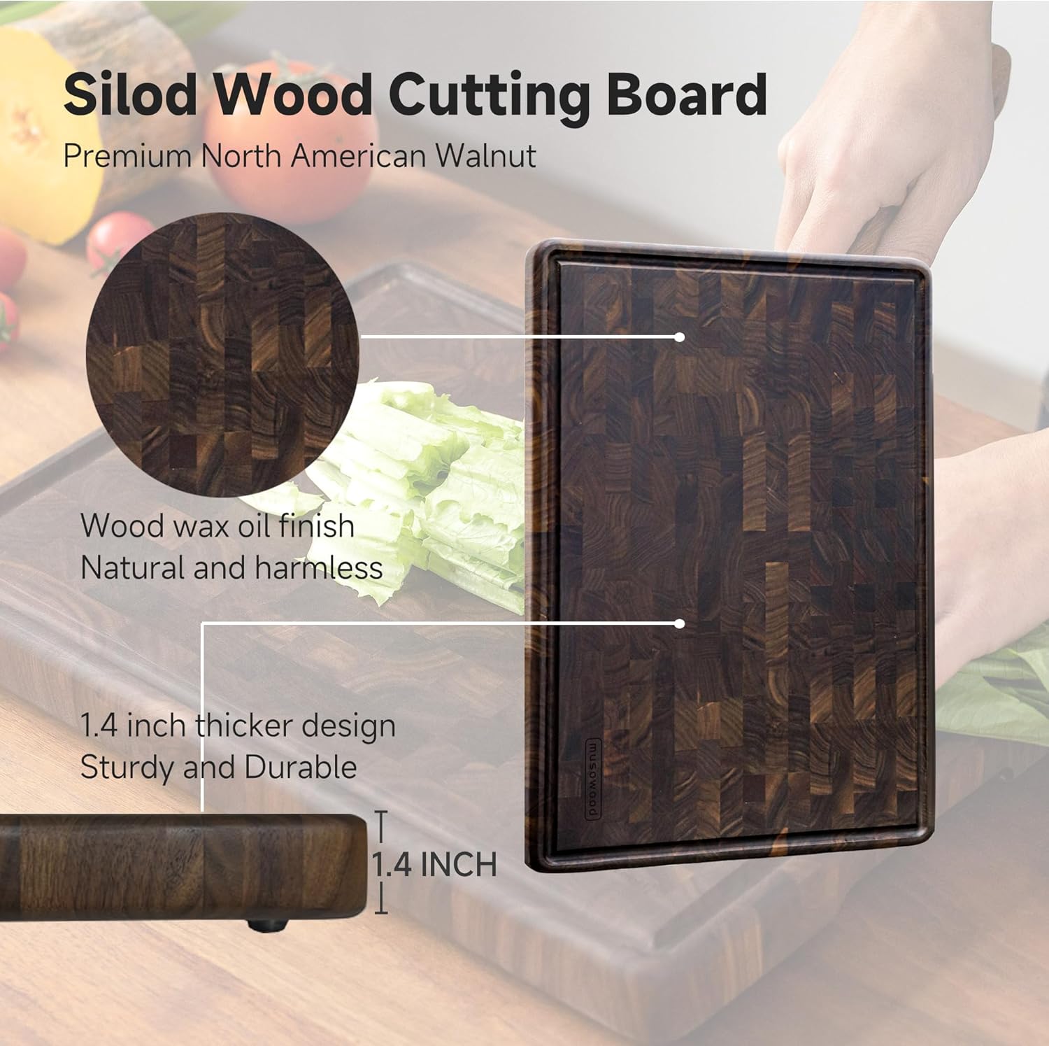 Muso Wood Large End Grain Cutting Borad 16x12 In, Checkered Cutting Board with Feet, Made from Walnut Wood, Chopping Board For Kitchen with Juice Groove Handles - Image 2