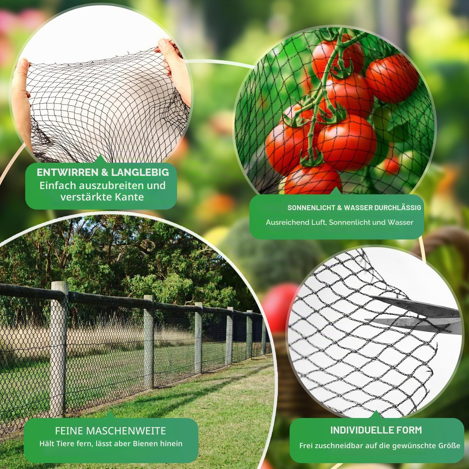 Gartennetz 4x5m Vogelschutznetz Engmaschig (15x15mm) - Extra Starkes HDPE Schutznetz für Obstbäume, Erdbeeren & Teiche - Wiederverwendbar, UV-beständig - Inkl. 50 Kabelbinder & 10 Bodenanker