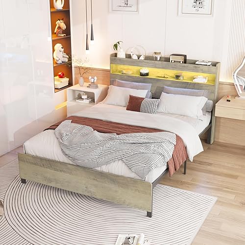 Miniatura 1 de Marco de cama gris tamaño Queen con cabecera de madera de almacenamiento de 2 niveles con luces LED RGB, plataforma moderna con estación de carga,