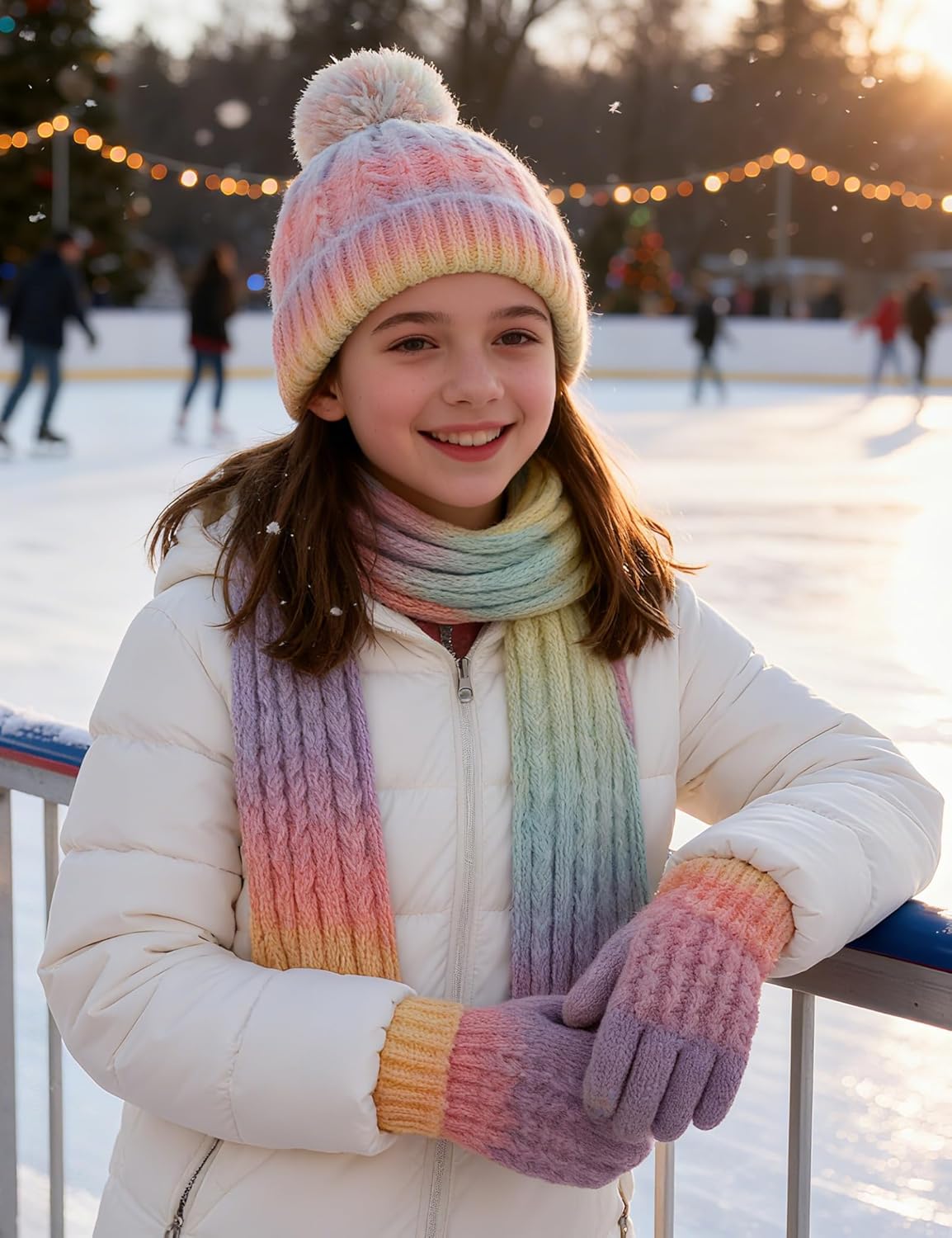 Winter Hat Gloves Scarf Set for Kids, Girls Toddler Pom Pom Knit Beanie Hat and Glove Set for Christmas Gift - Image 6