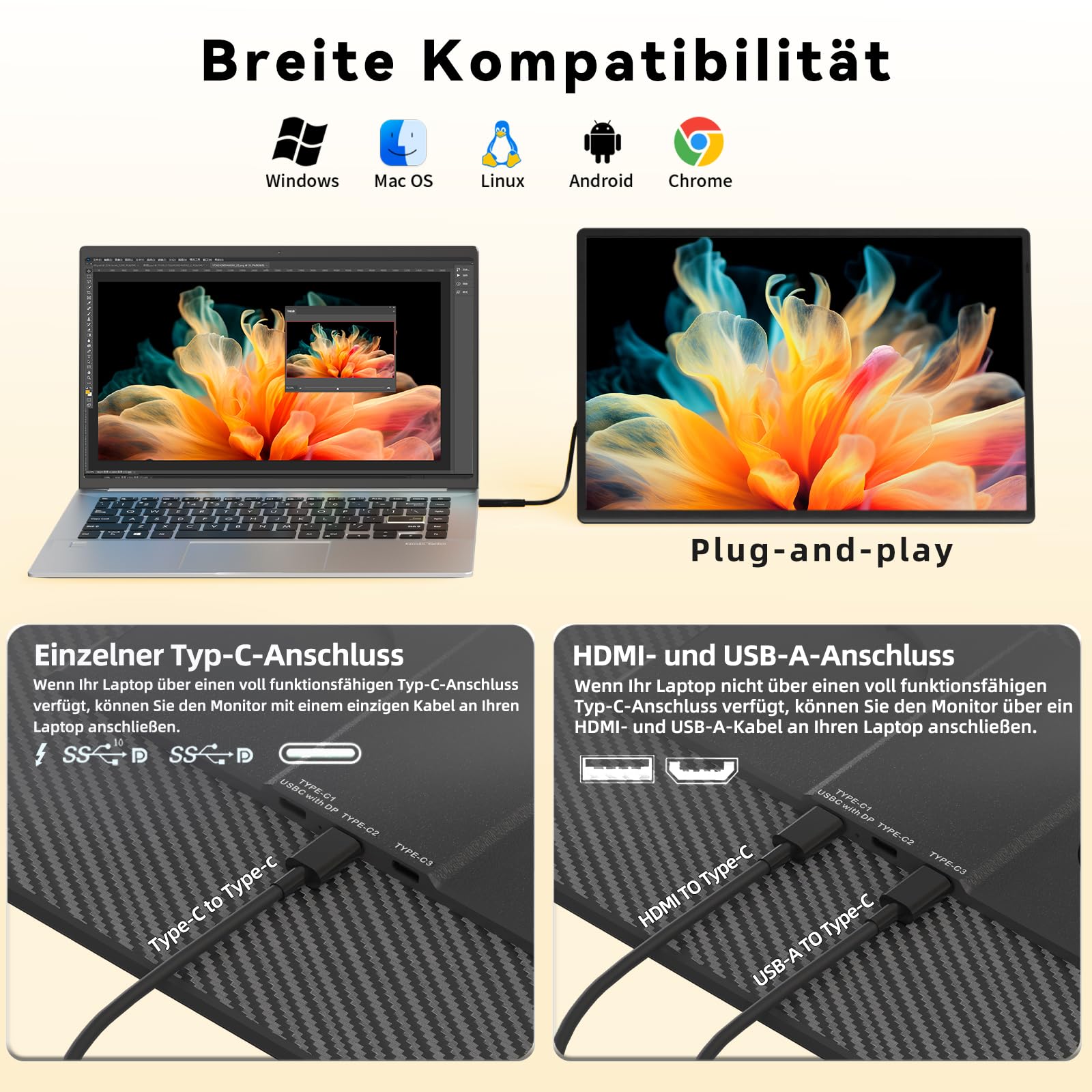 Portable Monitor 2,5K 16" QHD 1920x1600P HDR IPS Tragbarer Mobiler Monitor USB-C HDMI Plug & Play Portabler Zweiter Bildschirm Externer Display Screen für Laptop PC Smartphone MacBook Xbox NUC