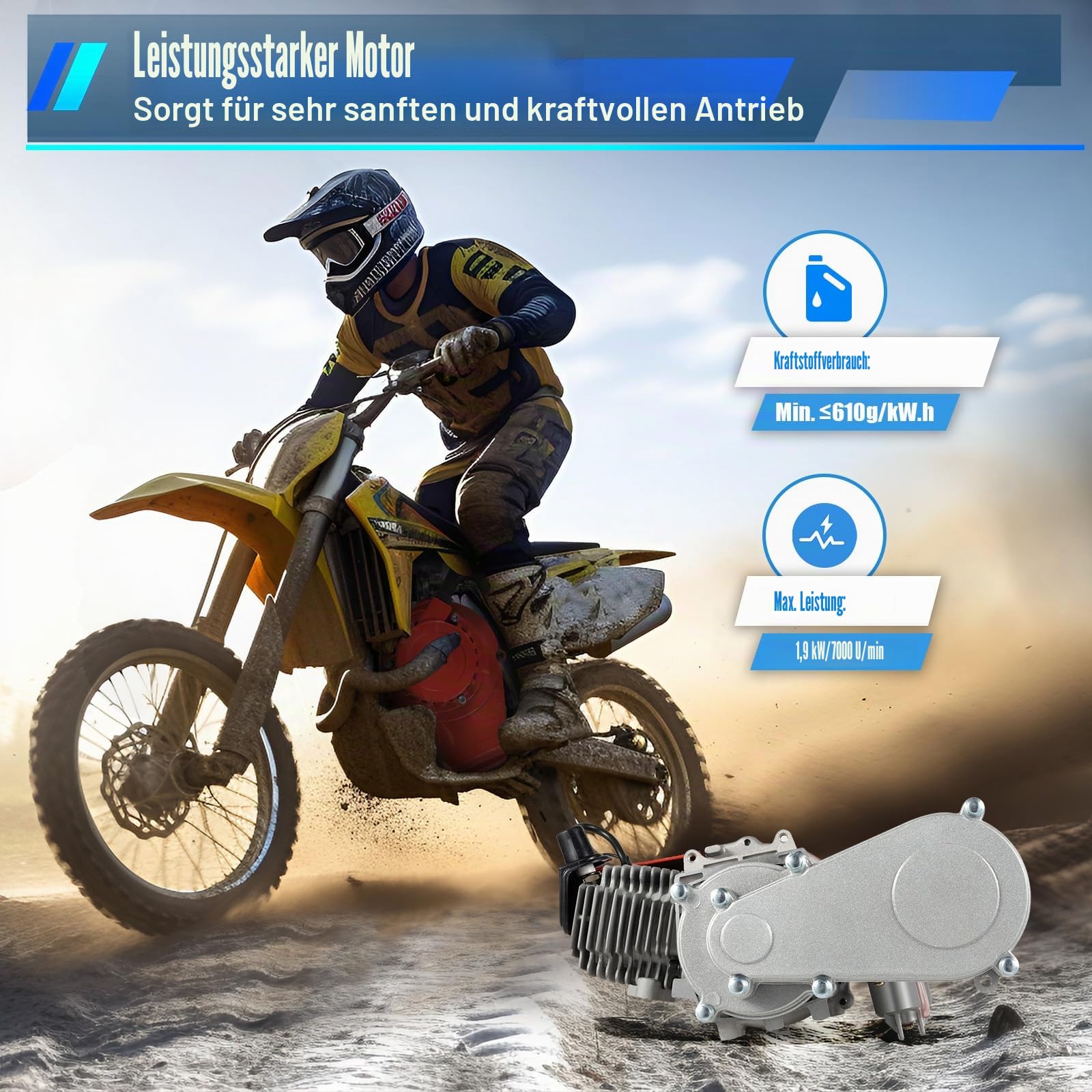 49ccm 50ccm Pocket Dirt Bike Motor, Einzylinder Luftkühlung 2-Takt 3PS Motor mit Elektronische Zündung und Seilzugstart für Mini-Dirt-Bikes, Atvs, Pocketbike