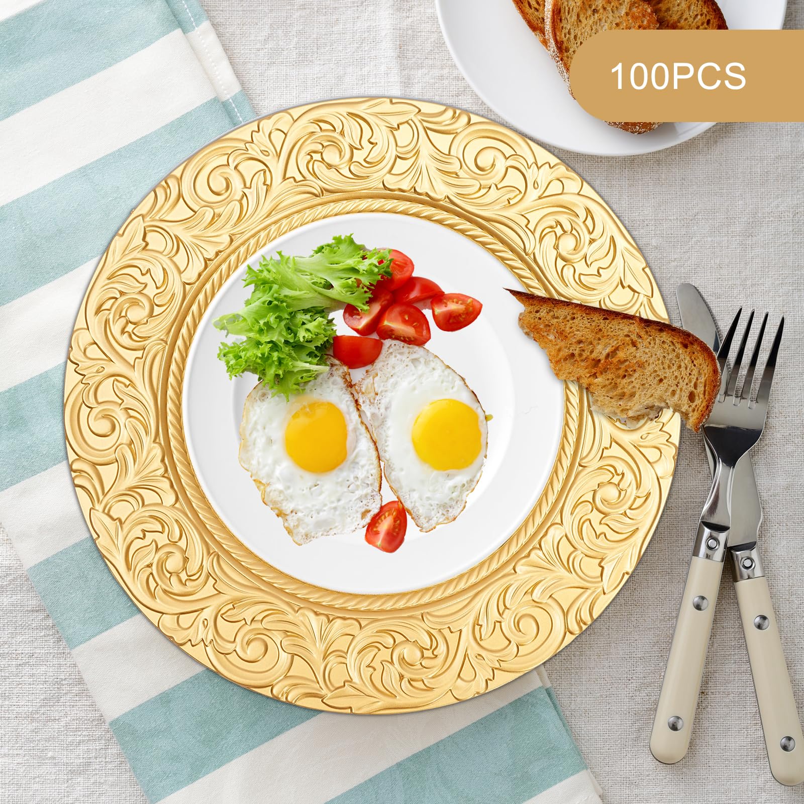Platos dorados 100 unidades, 33 cm, diseño de arrecife de plástico, con relieve, platos decorativos para bodas y fiestas