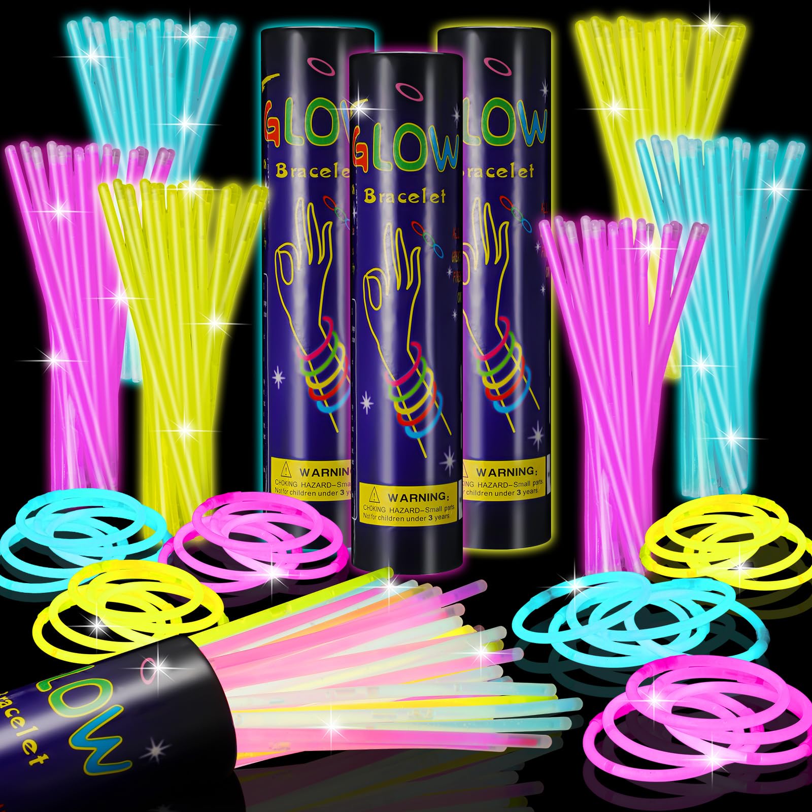 Photo 1 of Hanaive 300 Pcs Glow Sticks Bulk 8 Inch Glow in the Dark Party Favors Neon Glow Bracelets and Necklaces Light up Sticks with Connectors for Kids Adults Party Supplies (Aqua, Pink, Yellow)
