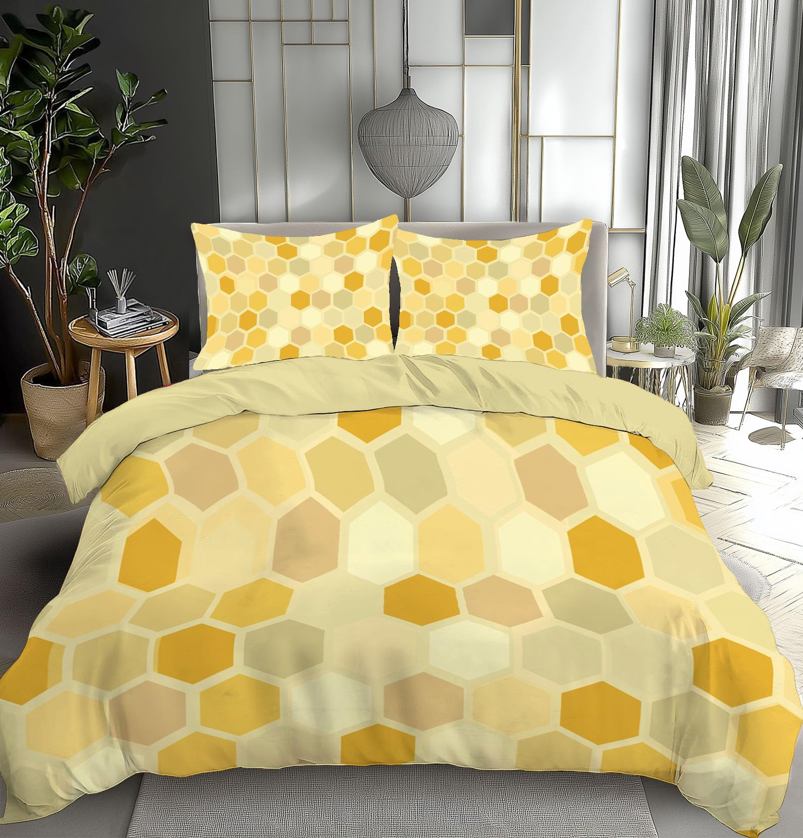 Parure de lit 240x260 nid d'abeille doré avec housse de couette et taies d'oreiller
